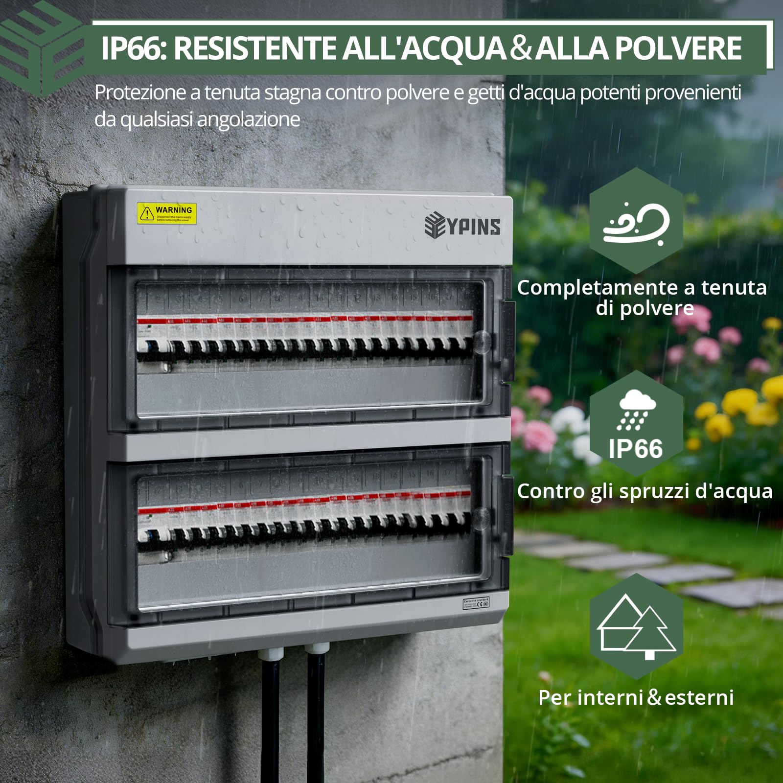 EYPINS Quadro Elettrico Esterno 2 File 36 Moduli,Scatola di Derivazione a Apertura Orizzontale,IP66 Impermeabile,con Coperchio Chiusura Moduli/Pressacavi per Esterno Garage Industriali,370x110x370 mm