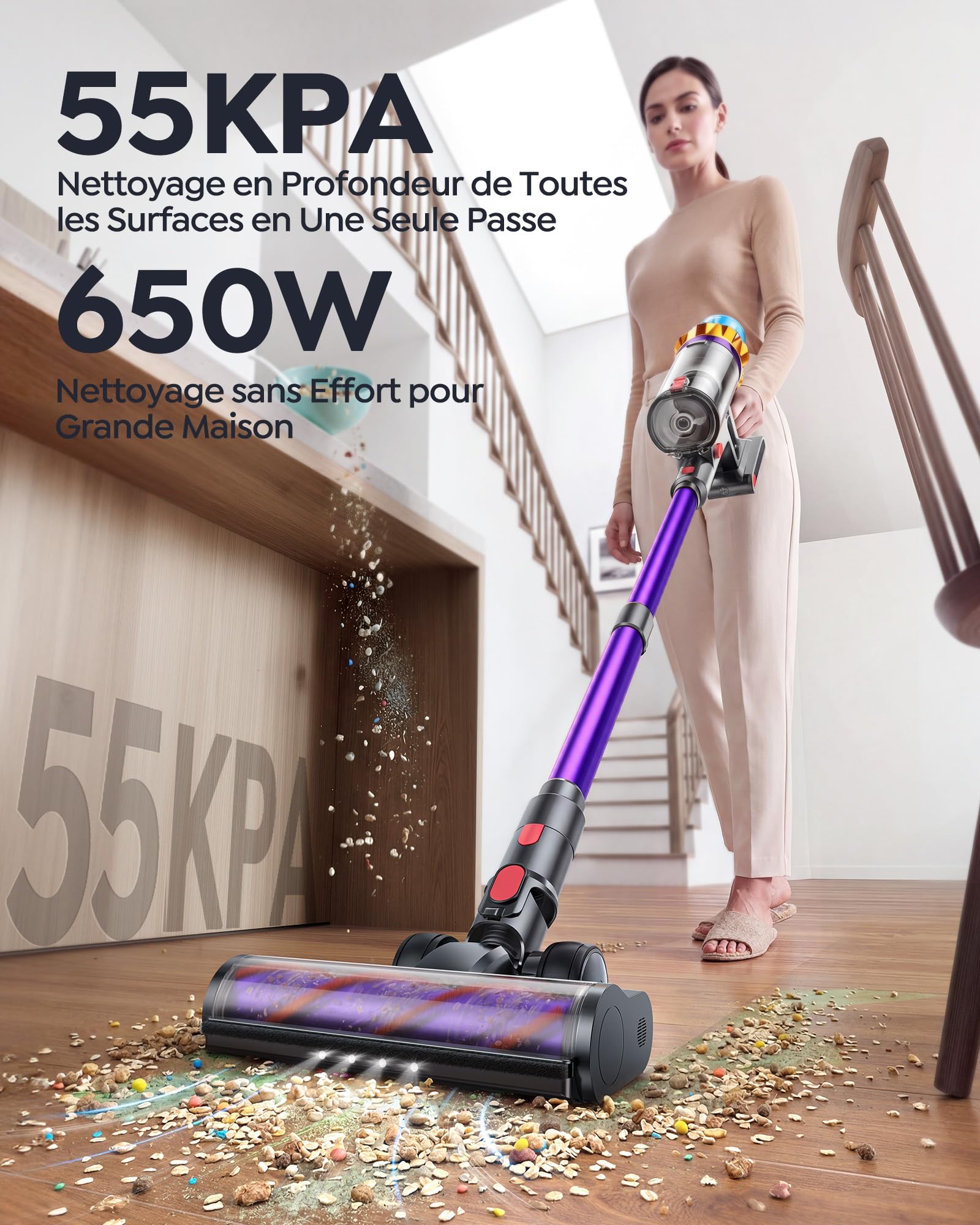 Fieety 80Min/650W/55KPa Aspirateur Balai sans Fil, 1.8L Aspirateur sans Fil Puissant, Batterie Optimisée, Brosse Anti-Enchevêtrement, Écran LED, Rechargeable Support Mural, Parfumé, Sols Durs (Violet)