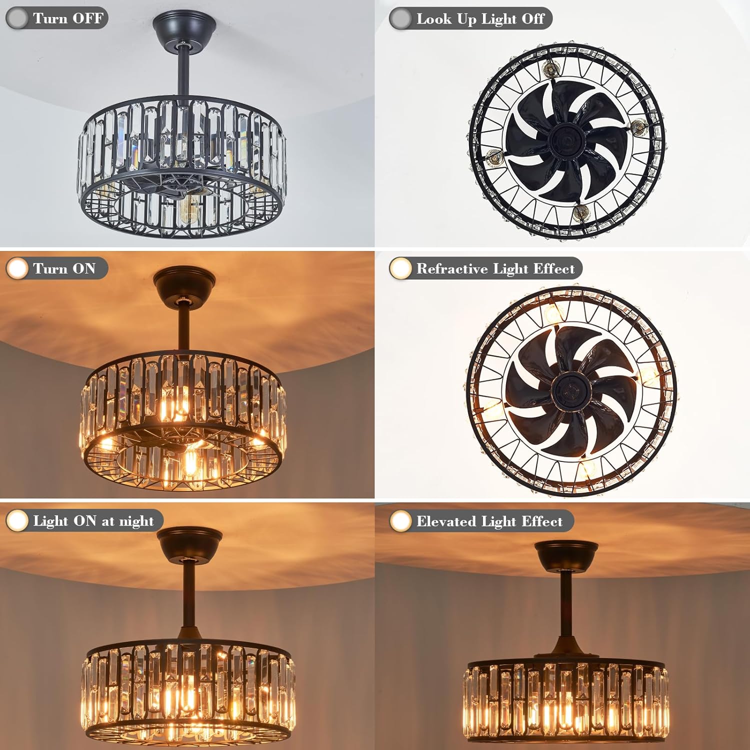 18.2" modern crystal ceiling fan with light black crystal fandelier light caged ceiling fan light with remote reversible industrial chandelier fan for bedroom living room dining room entry foryer black-18.2 inches