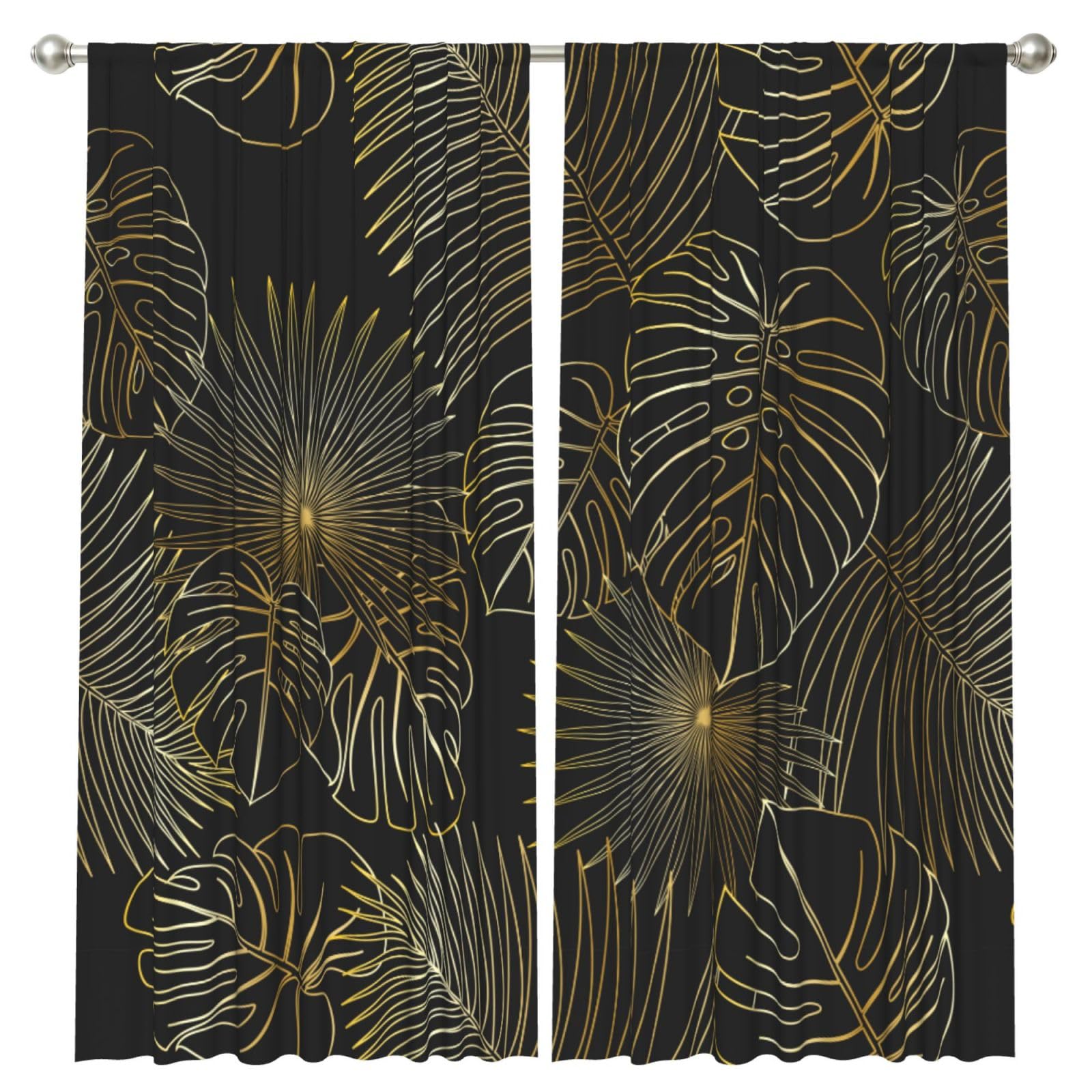 InOmak Seamless Pattern Of Exotic Jungle Tropical Golden Palm Leaves, 2 Panels Window Curtains 52 x 84 Inch Blackout Curtains for Living Room Bedroom
