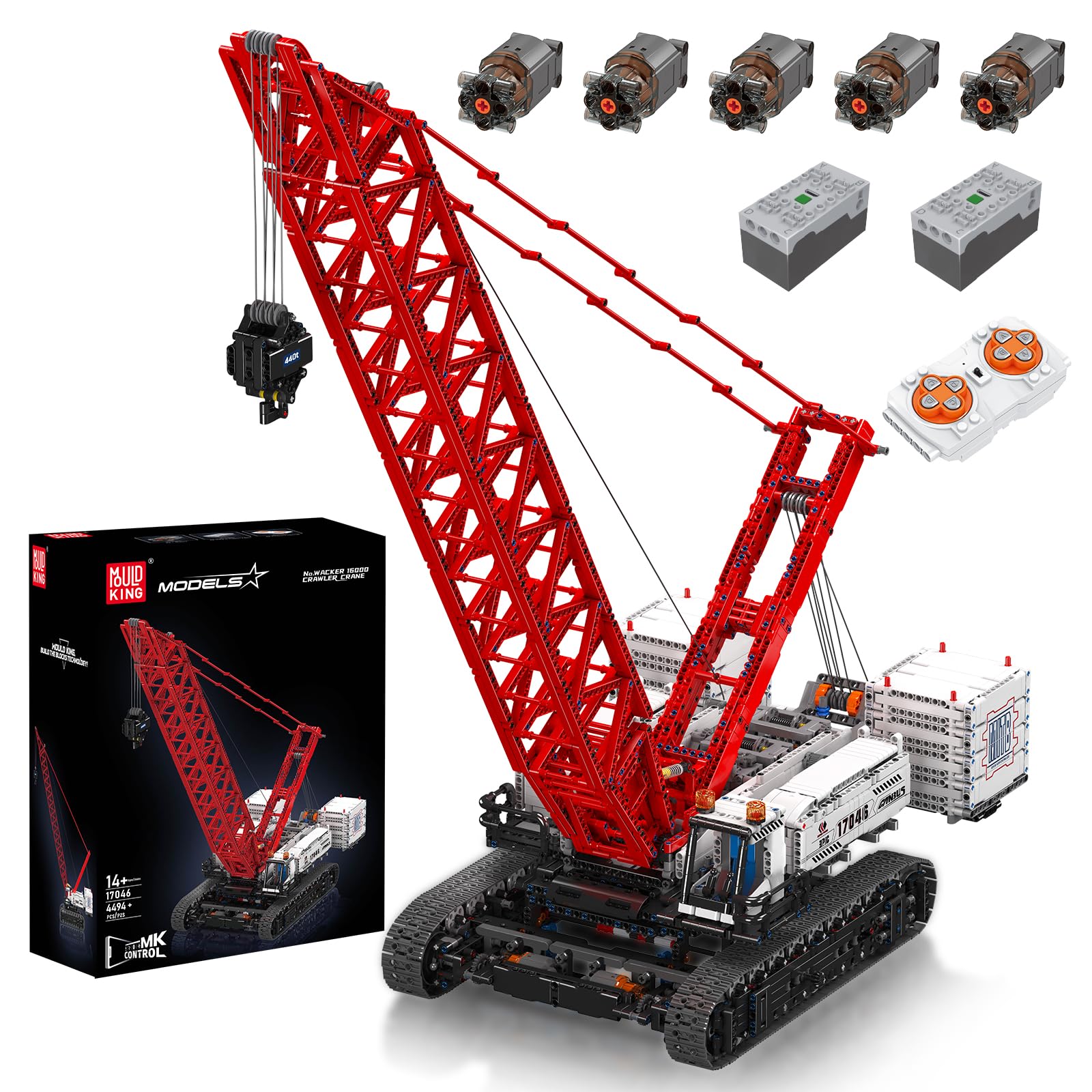 Mould King17046 High-tech Crawler Crane MOC Truck with 5 Motor, APP Technology Remote Controlled 16000 Grid Boom Crawler Crane Construction Clamp Blocks Kit of 4494 Parts