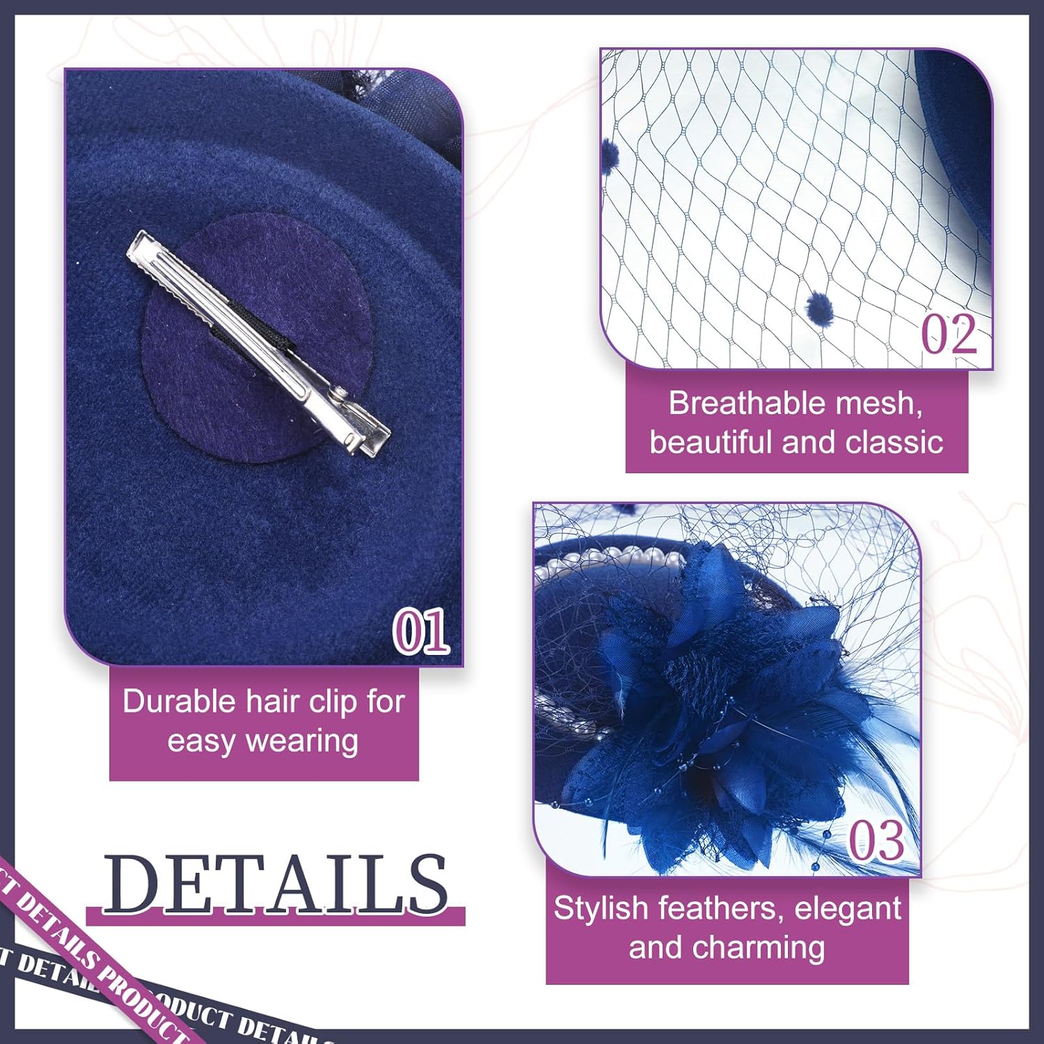 3 Pieces Fascinator Hat for Women Tea Party Derby Hat with Veil Feather Funeral Headpiece Lace Gloves Pearl Necklace (Navy Blue) - Image 4