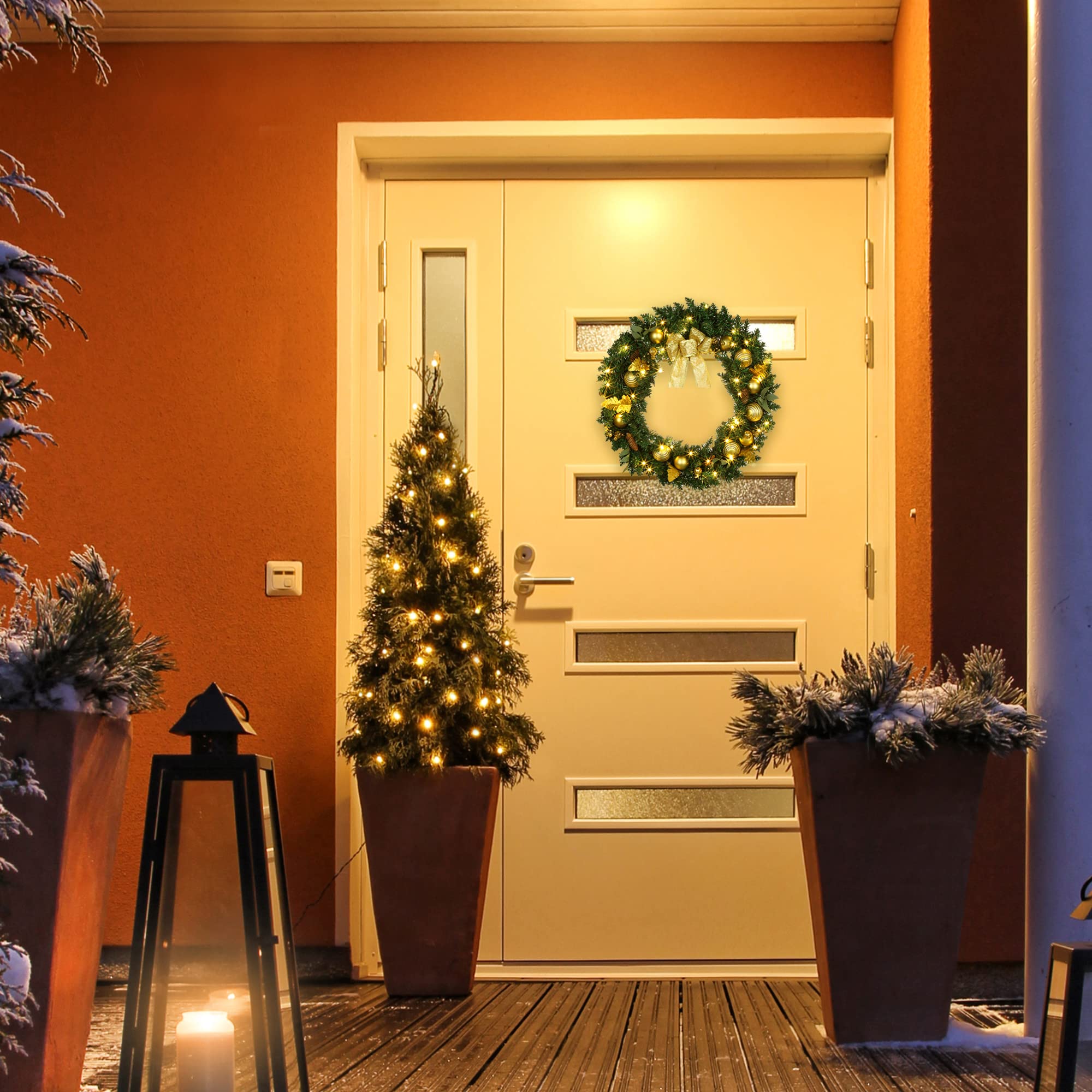 24" Christmas Wreath with 15" Hanger for Front Door Pre-Lit Artificial Wreath with 50 Battery Operated LED Lights Winter Xmas Wreaths with Gold Bowknot,Pine Cones,Gold Balls,Berries