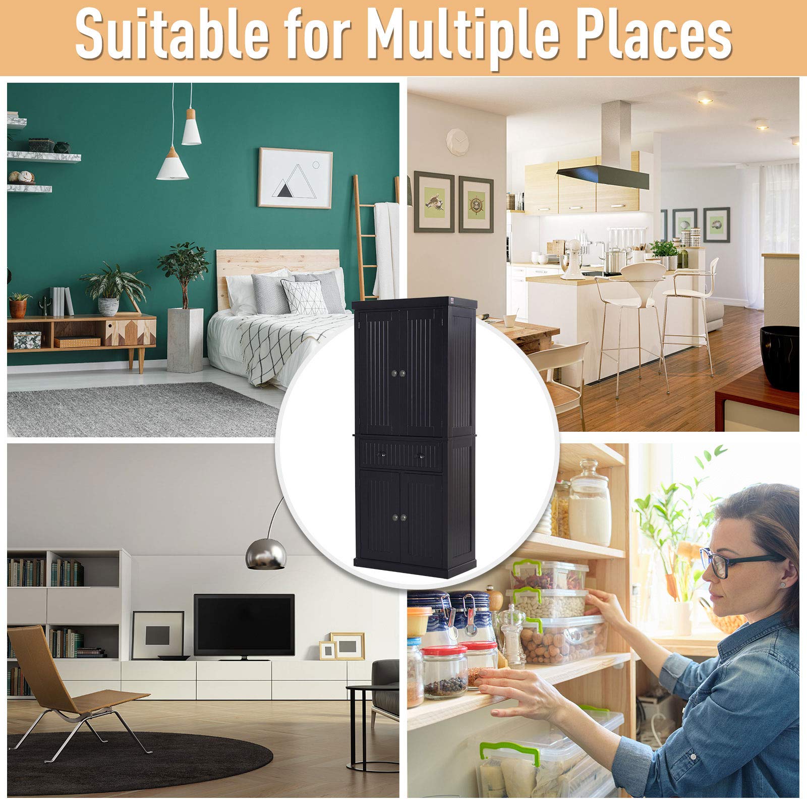 72" Traditional Freestanding Kitchen Pantry Cupboard with Doors and 3 Adjustable