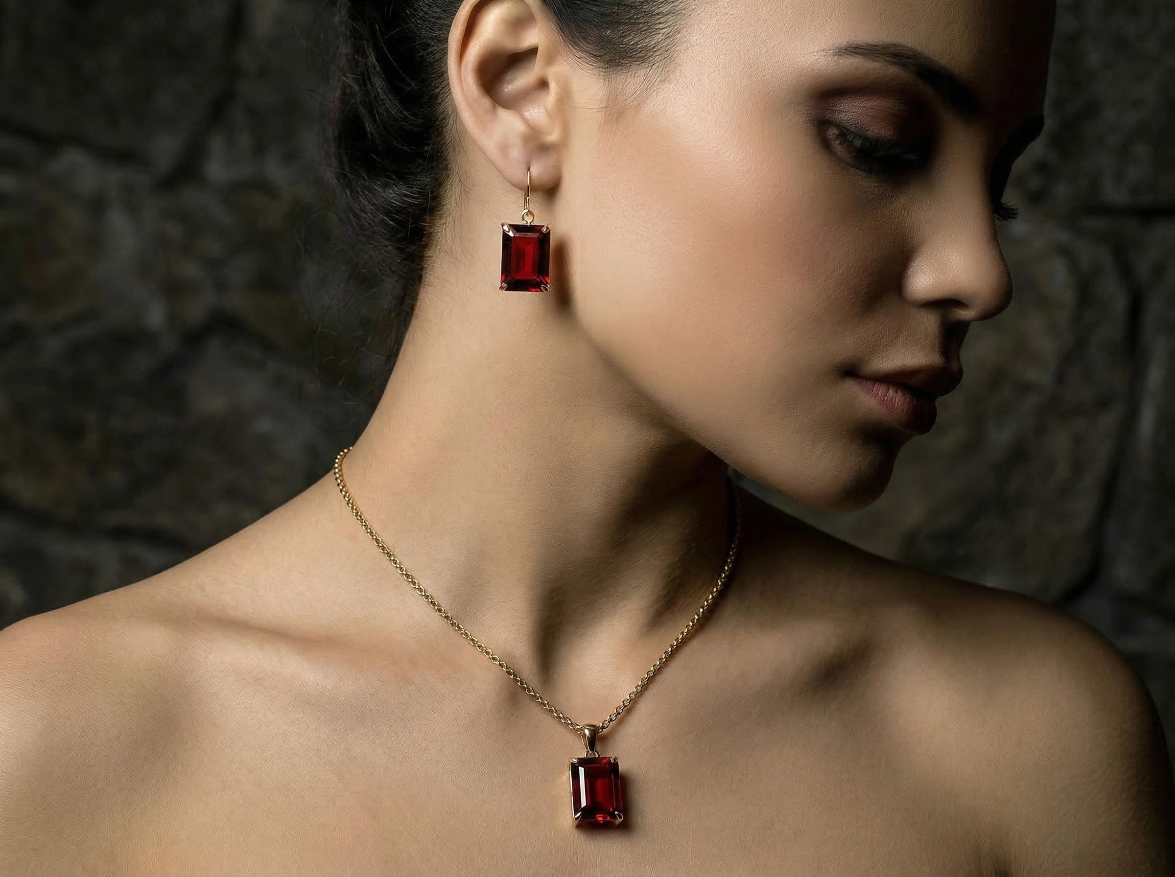 Pendientes Rectangulares de Granate de Plata 925 - Pendientes con Piedra de Nacimiento de Enero con Acabado Paladio - Joyas de Piedras Semipreciosas Hechas a Mano