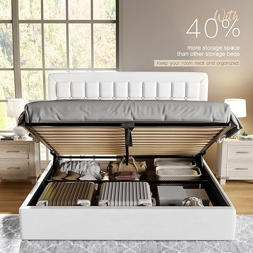 Miniatura 5 de Jocisland Base de cama de tamaño matrimonial con plataforma tapizada elevable debajo de la cama, con cabecero, no necesita somier, color blanco