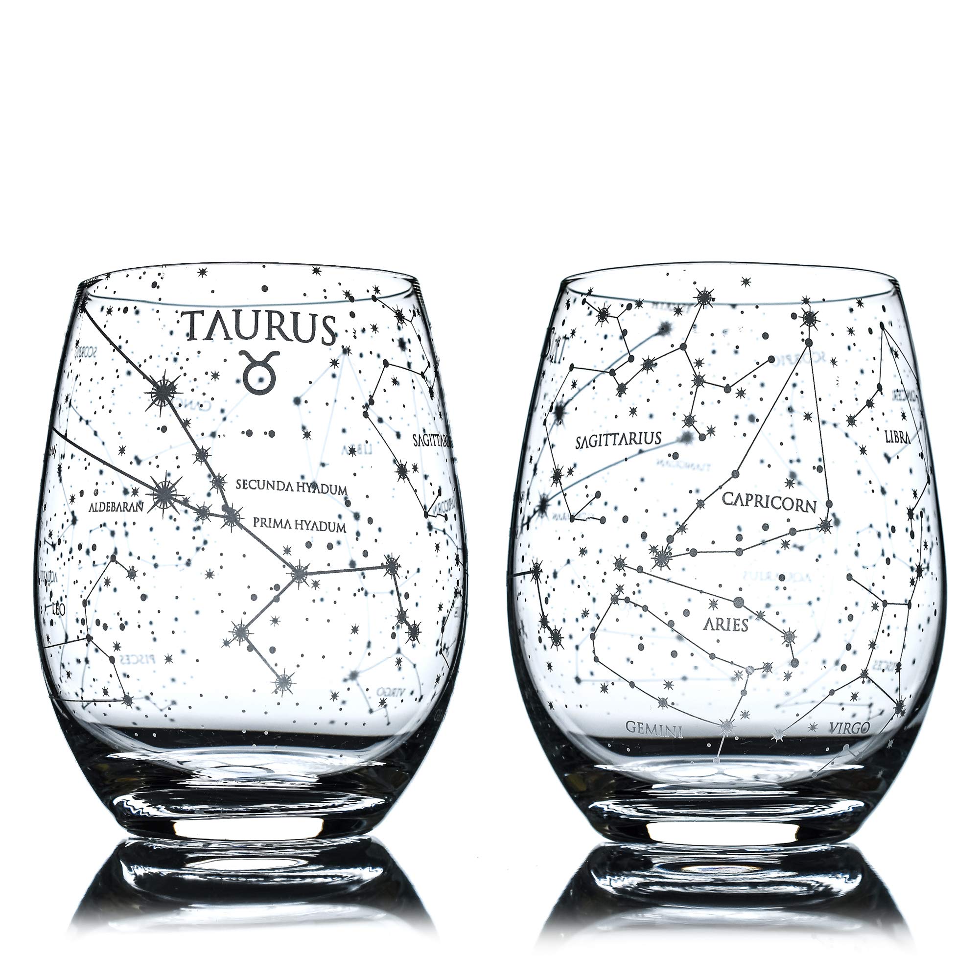 Greenline Goods Taurus Stemless Wine Gl | Zodiac Taurus Set | Hand Etched 15 oz (Set of 2) - Astrology Sign Glassware