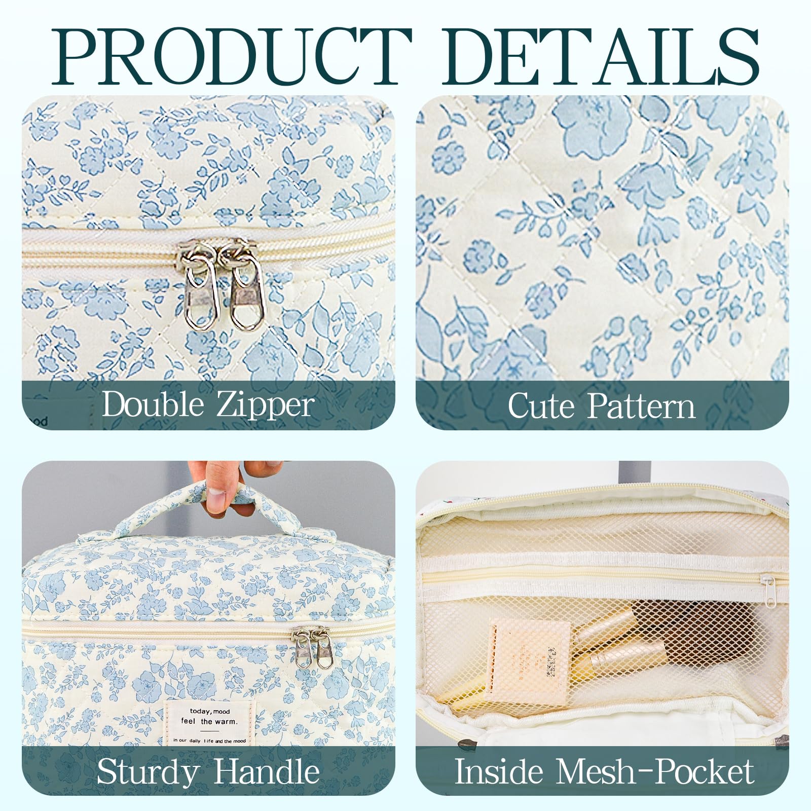 YRWE 3Pcs Quilted Makeup Bag Set, Cute Floral Cotton Cosmetic Bag, Coquette Bow Make up Bag Large Travel Toiletry Bag - Image 2