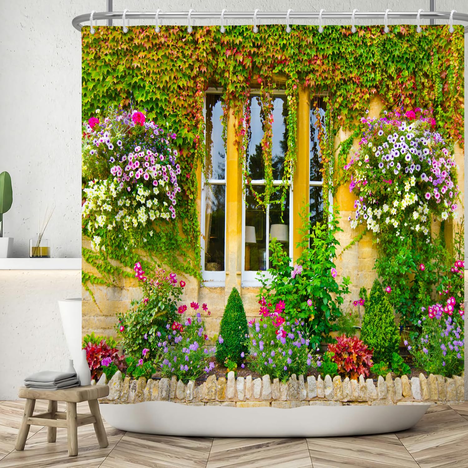 ASDCXZ Garden Shower Curtain 180x240 cm, Spring Garden Outdoor Colorful Flowers Wall Orange Green Leaves Washable Shower Curtains Polyester Textile Waterproof Bath Curtain for Bathtub with 12 Hooks — image 1