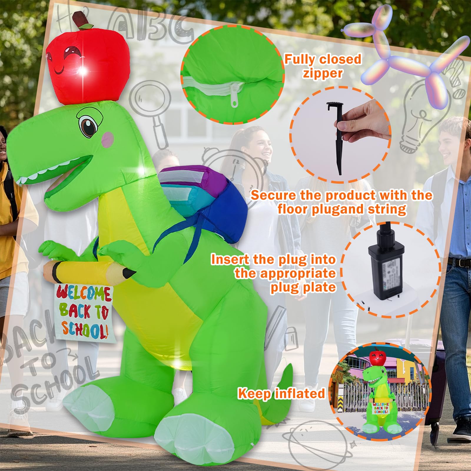 6FT Back to School Dinosaur, Back to School Inflatable Decoration, Outdoor Decoration with LED Lights for Outdoor, Indoor, Patio, Lawn Garden Inflatable Decoration