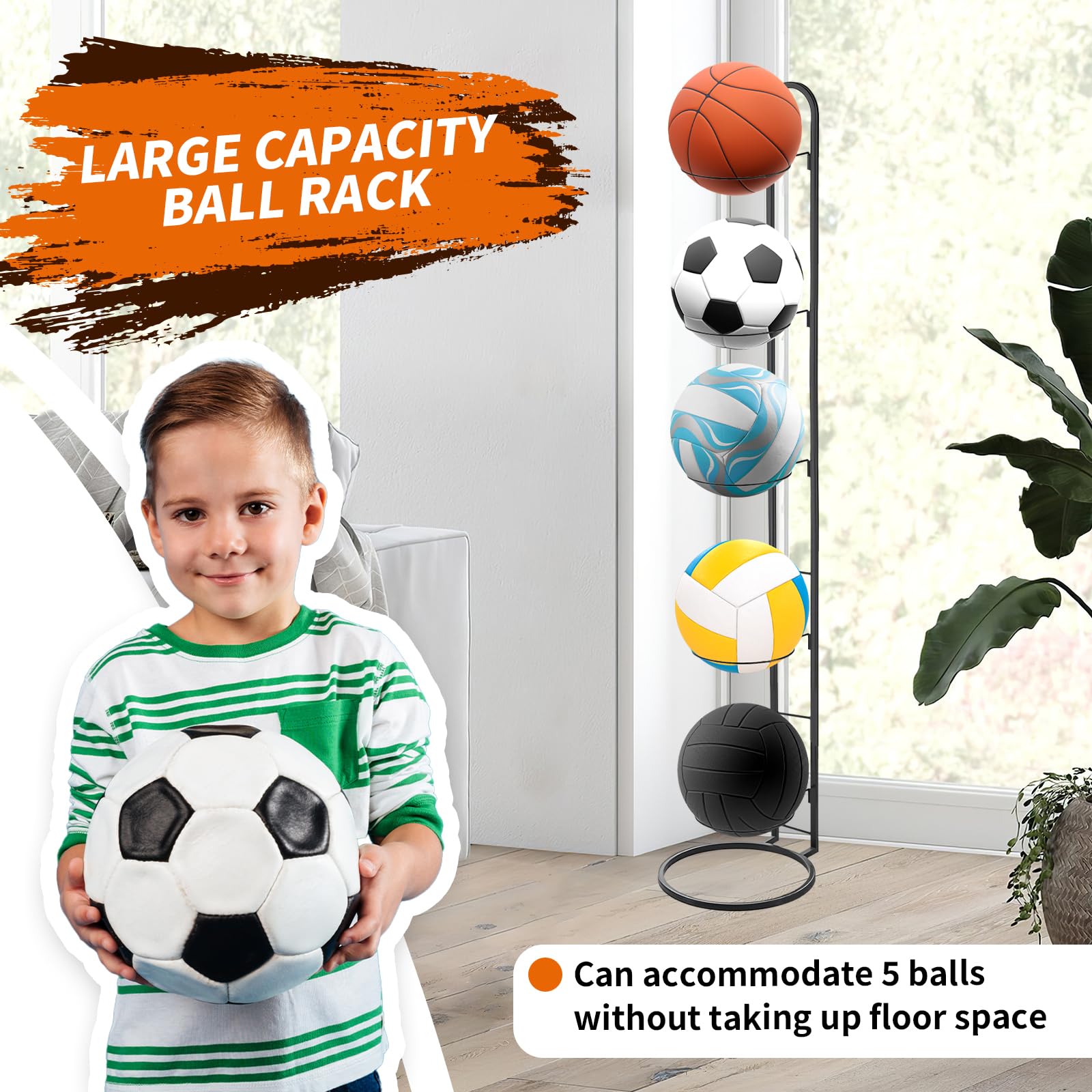 Soporte para Bolas, Soporte Balon Futbol Vertical de 5 Niveles de Metal de Almacenamiento para Bolas de Baloncesto, Estante de Bolas de Interior para Pelotas de Voleibol Deportivas