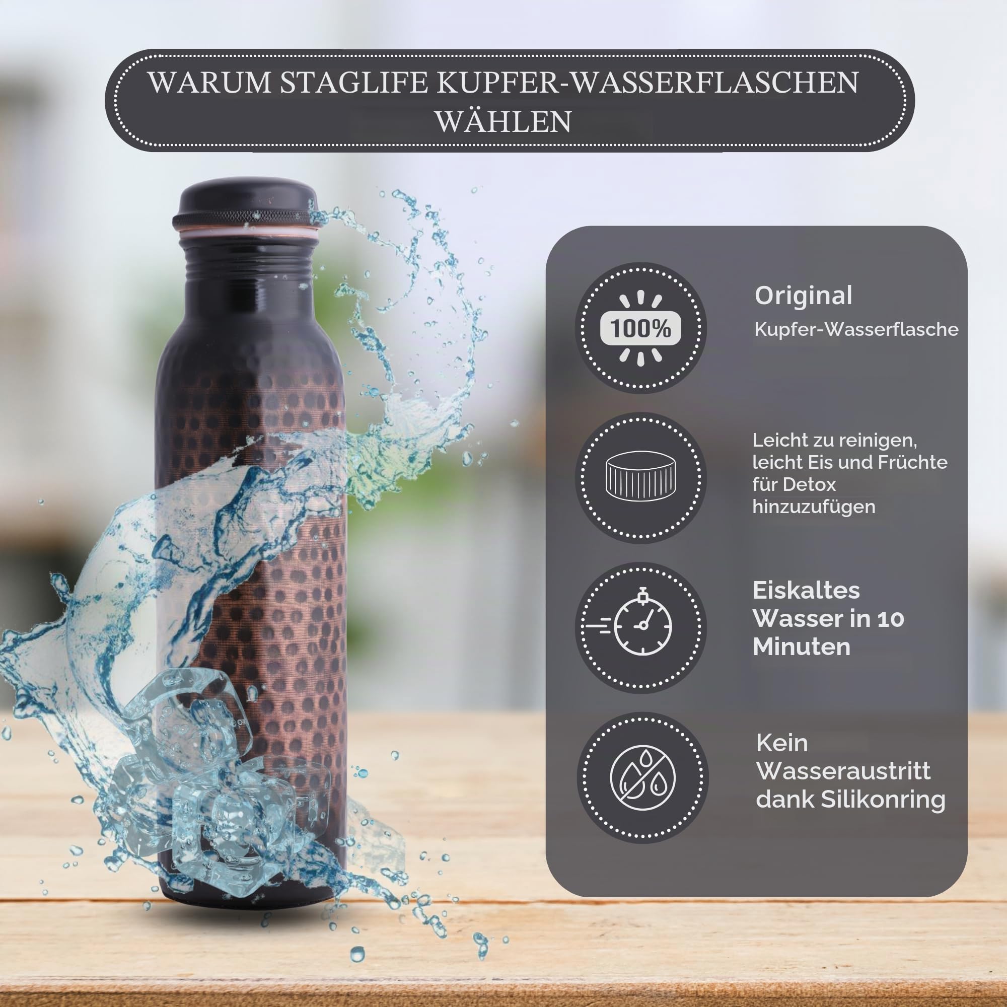 STAGLIFE Trinkflasche aus reinem Kupfer, auslaufsichere Wasserflasche mit antikem schwarzem Finish (groß/1 Liter/963.9 g)