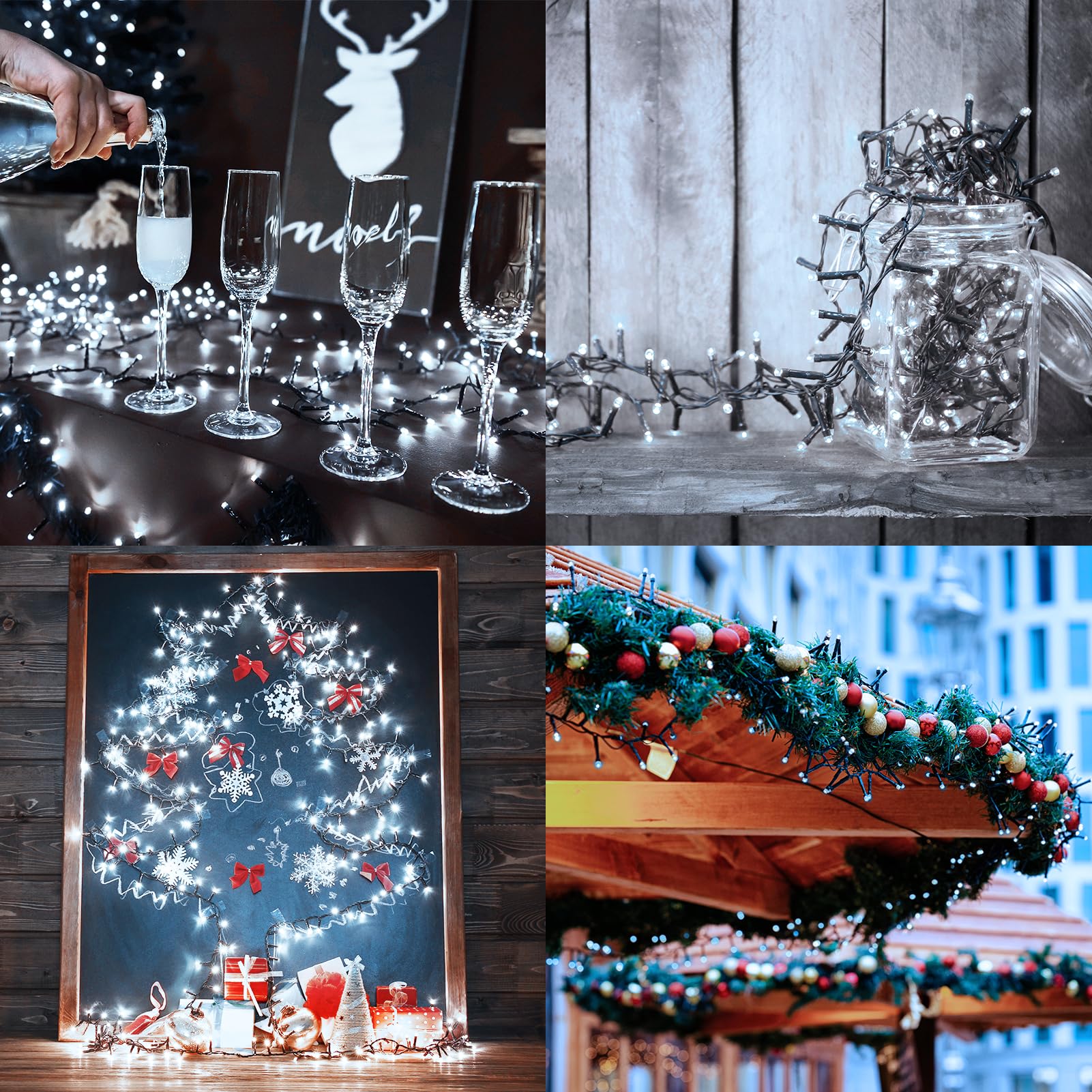 BSGlobal Guirnalda de luces de racimo de batería, paquete de 2 unidades de 20 pies, 400 luces LED con temporizador, 8 modos, petardo, luces de Navidad al aire libre, impermeables, para decoración del