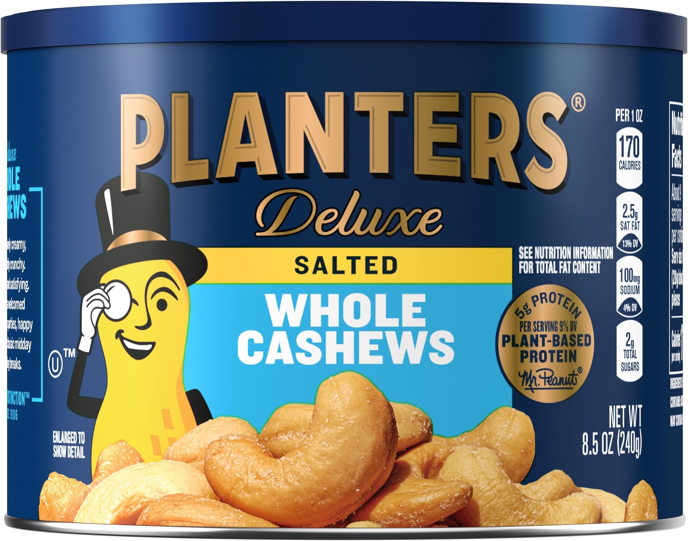 Deluxe Salted Whole Cashews, Party Snacks, Plant-based Protein, 8.5 oz Canister