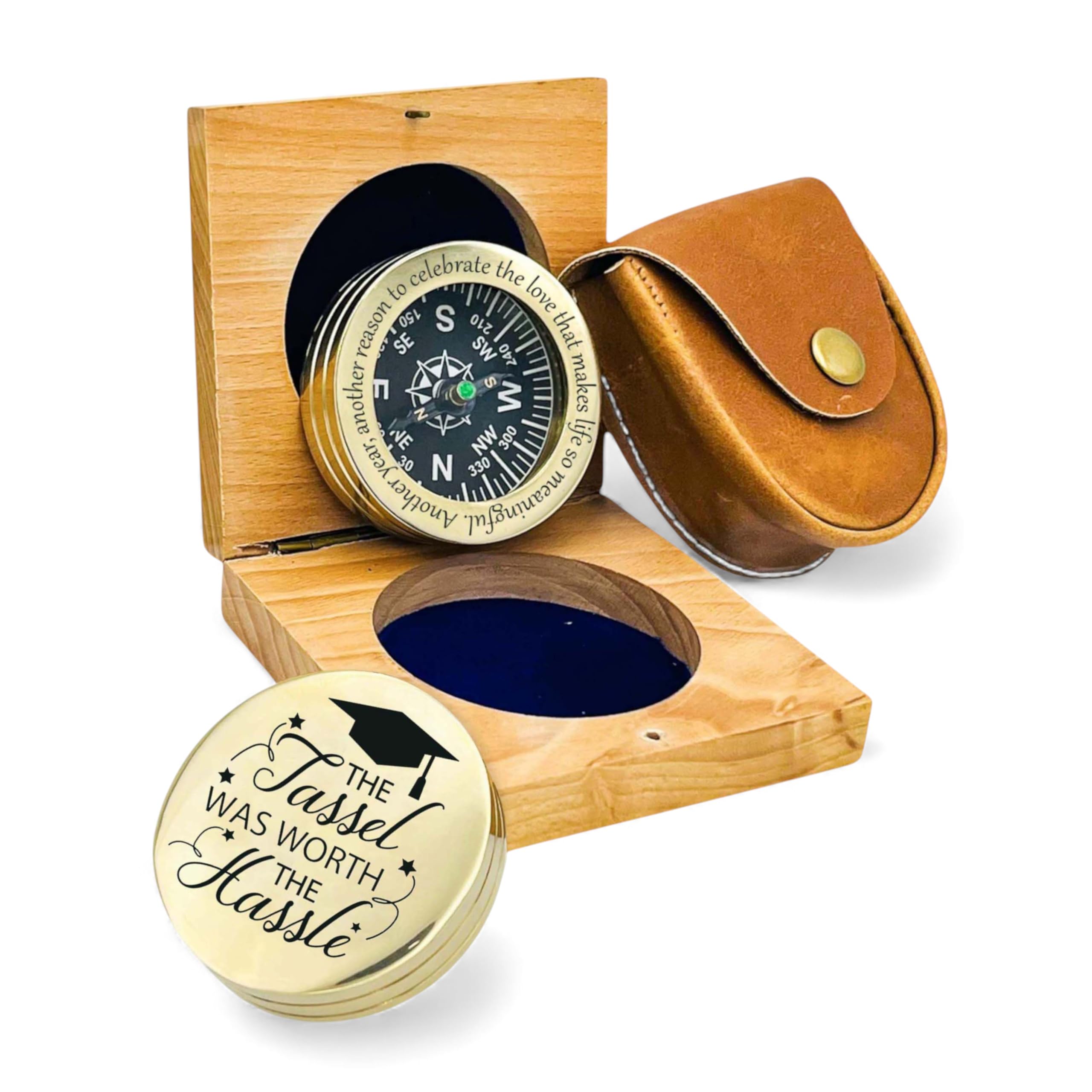 Personalised Brass Pocket Compass with Leather Case & Wooden Gift Box – Engraved Vintage Compass for Men, Luminous Dial, Waterproof, Hiking, Retirement, Graduation, Anniversary