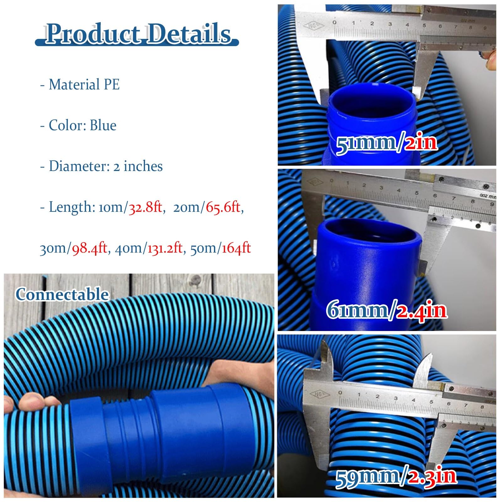 JYHHCYS Swimming Pool Vacuum Hose - 1.5 in, 2 in Diameter Pool Cleaner Hose Replacement for Above & In Ground Swimming Pool - Flexible Vacuum Hose for Pool Cleaning(2 in - 30m)