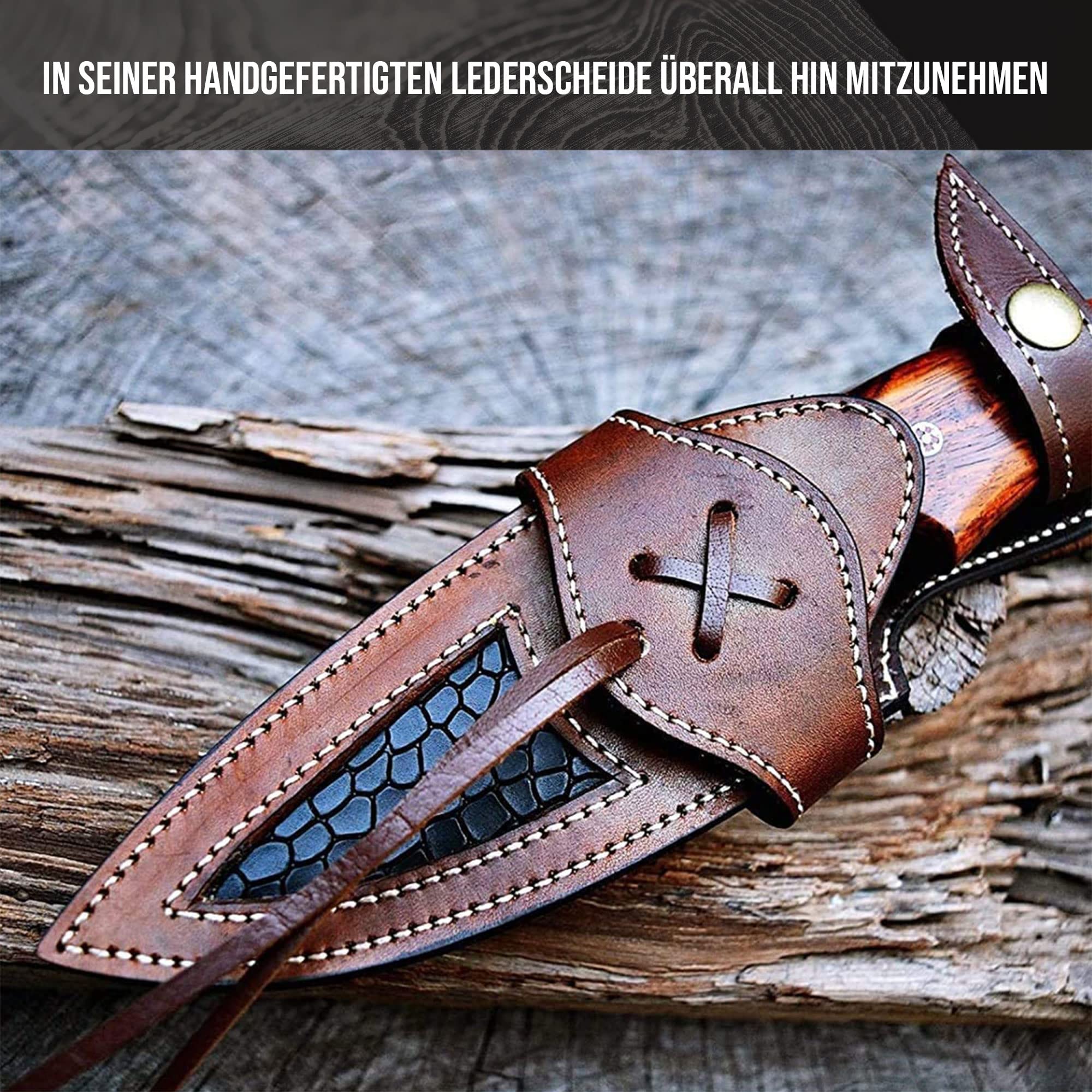 BIGCAT ROAR Predator Hunter Damaststahl 10 Zoll - Full Tang - Walnussholzgriff & Lederscheide - Outdoor Survival Bushcraft Häuten Jagd