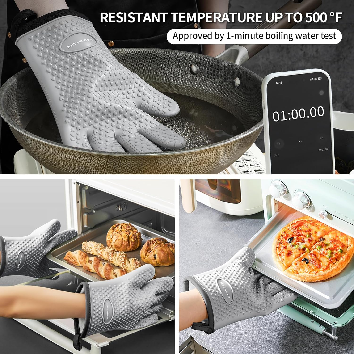 MAD SHARK Silicone Oven Mitts Heat Resistant 450 Degrees,Waterproof & Non-Slip Oven Gloves with Fingers,Cotton Lined Silicone Oven Gloves Kitchen Mitts for Baking Cooking Barbecue,Women,Oven (GREY1)