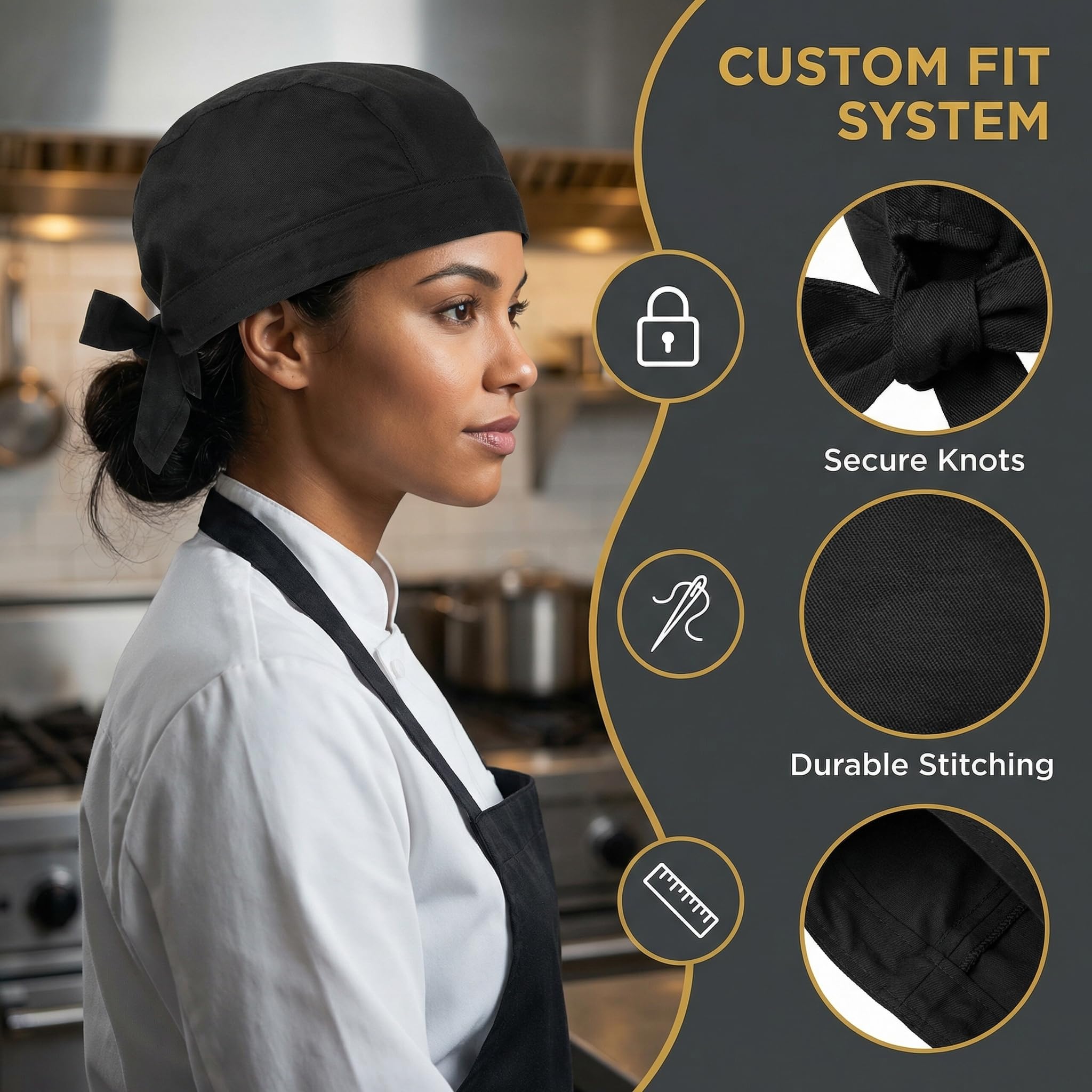 4 Gorros Cocinero Estilo Pirata Negro, Bandana Chef Ajustable a Tiras, Gorro Cocina Transpirable Unisex para Restaurante Sushi Hostelería - Negro