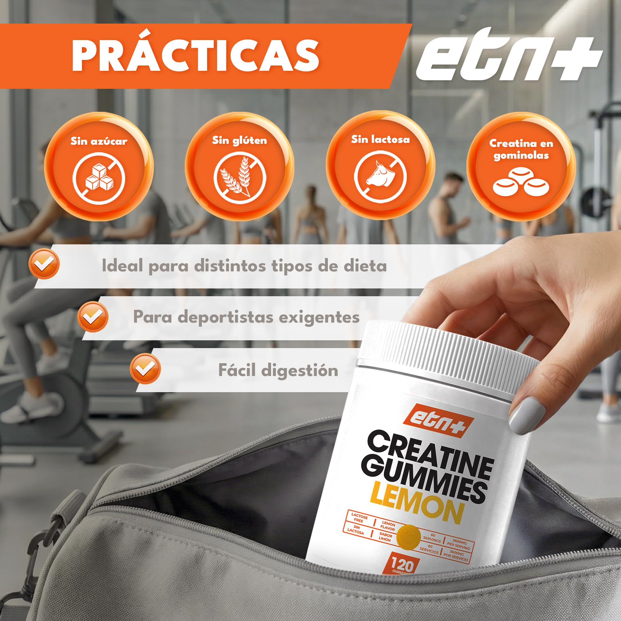 ETN+ Gominolas de Creatina Monohidratada 3600mg | 120 Gummies – 60 Servicios (2 meses) | Sin Azúcar, Sin Gluten | Alternativa Cómoda a la Creatina en Polvo | Ingredientes de Origen Natural | Limón — view 6