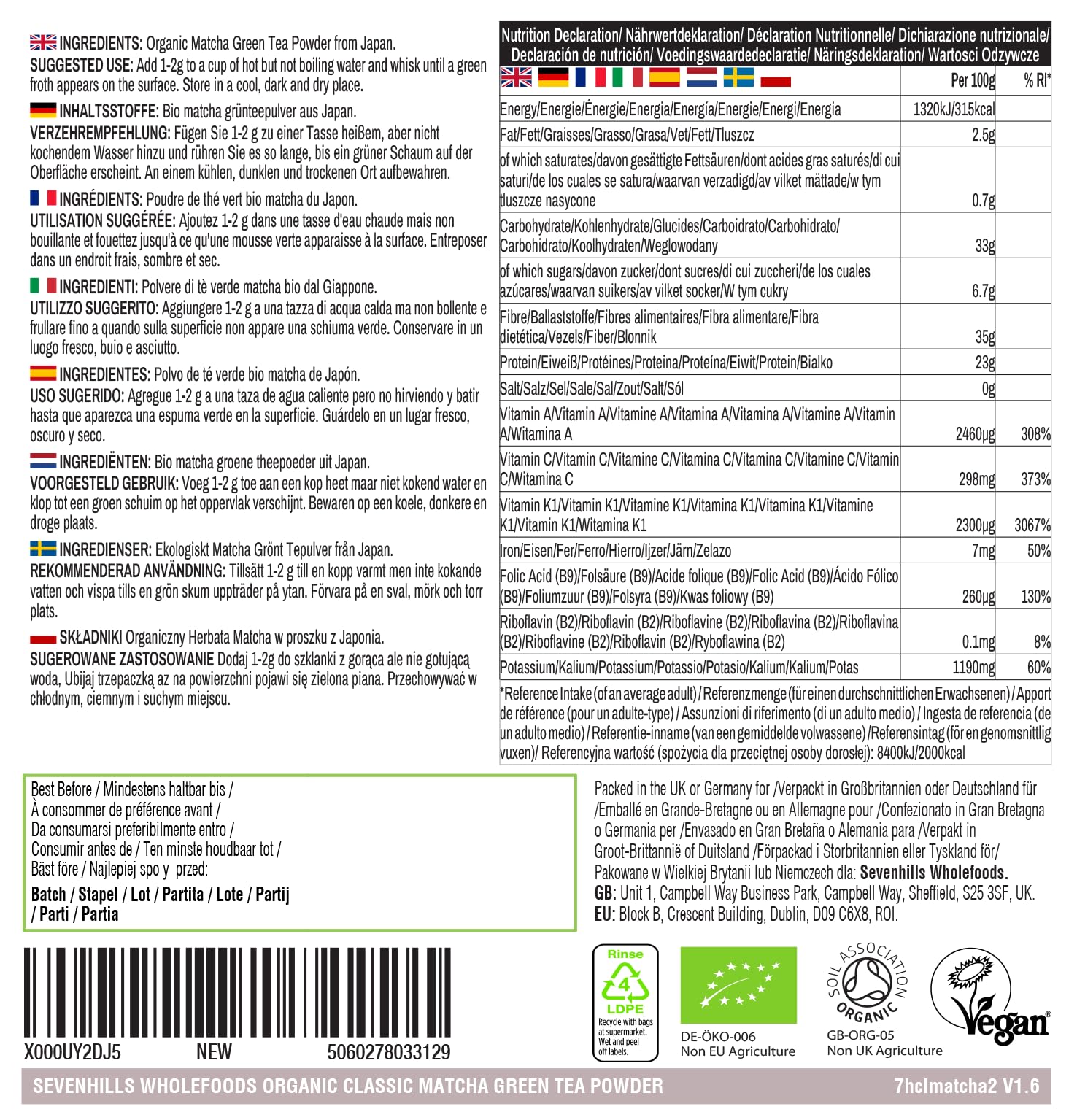 Sevenhills Wholefoods Polvere Di Tè Verde Matcha Giapponese Classico Bio 200g