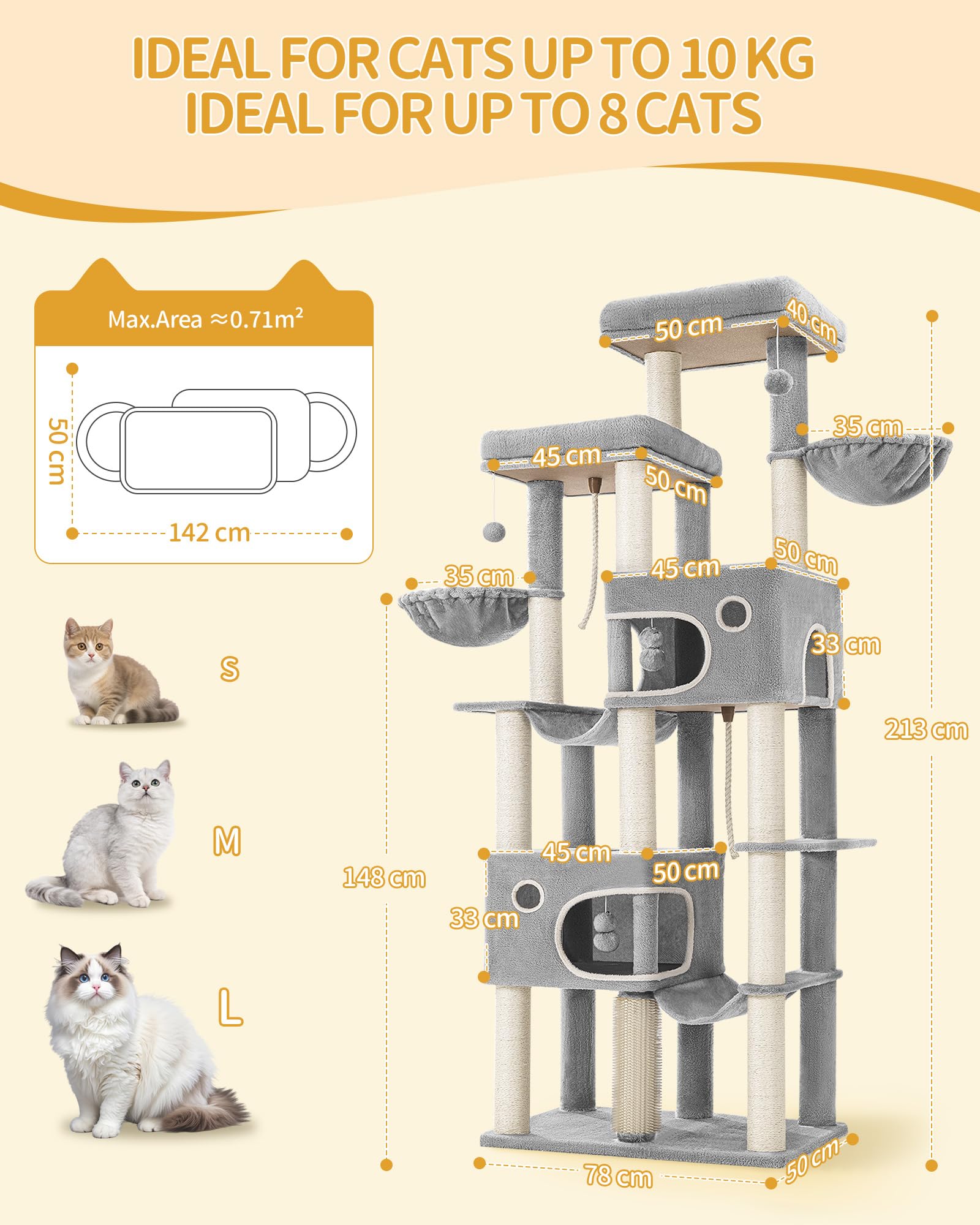 Hzuaneri Albero Tiragraffi Grande per Gatti, Torre per Gatti da Interno 213 cm con 2 Piattaforme XL, 2 Grotte, 10 Pali in Sisal, 2 Amache e Massaggiatore, per Maine Coon, Grigio Chiaro, MS21418LG