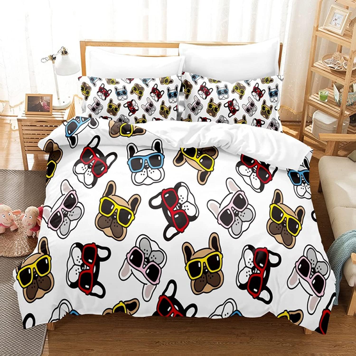 LMMSMGS King Size Duvet Cover Sets Bulldog Duvet Cover King Size 94.5"x 86.6" with 2 Pillowcases 19.7"x 29.5" Bedding Sets Ultra Soft Warm Fluffy With Zipper Closure for Aldults Kids