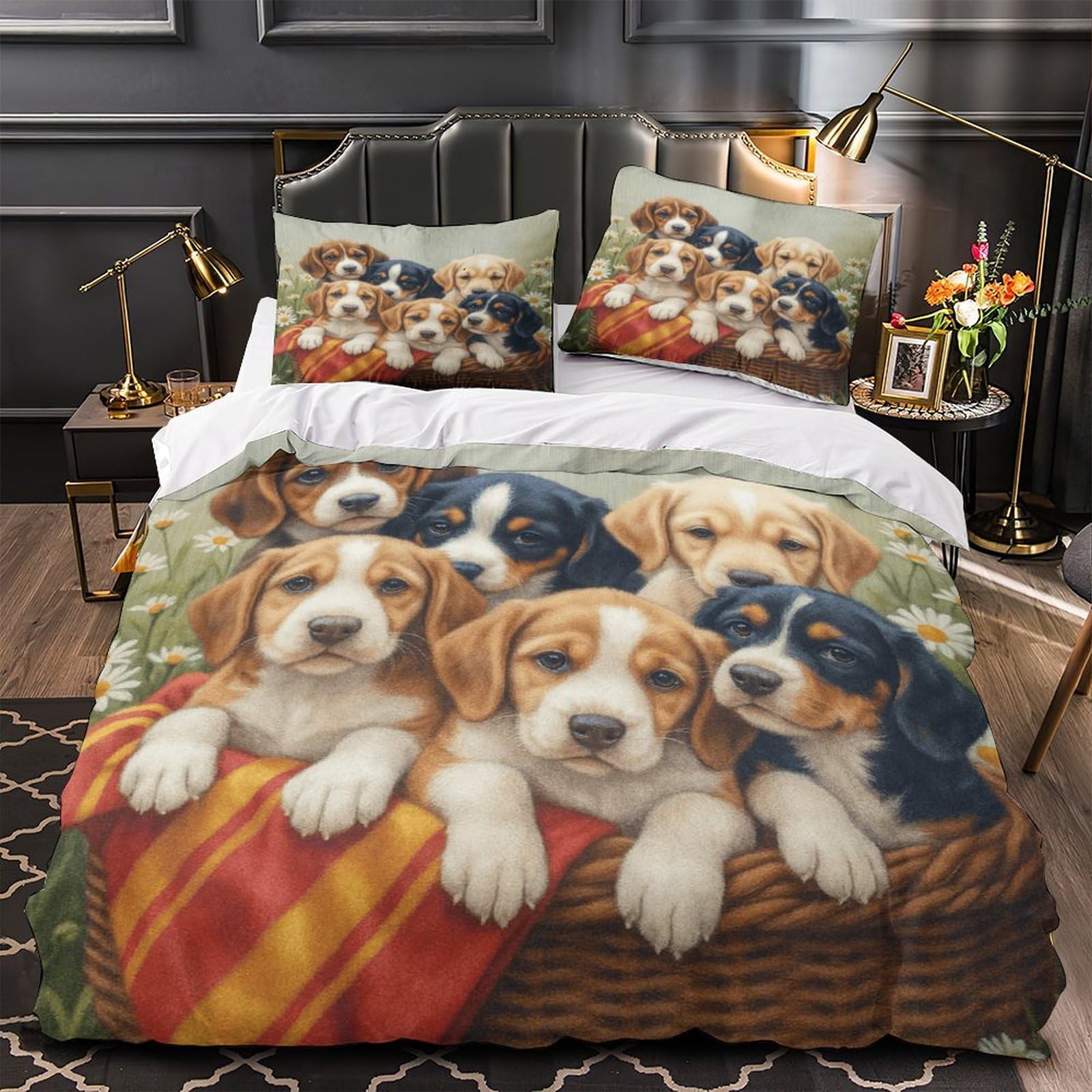 Housse de couette chiots fermeture éclair facile finie la couette qui glisse