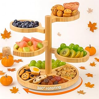 Bamboo Tiered Cheese Board Gift Set: Rotating Charcuterie Board Serving Platter for Couples, Parties, Entertaining, Housewarming & Weddings Gift Set - 4 Swivel Trays and Divided Round Base