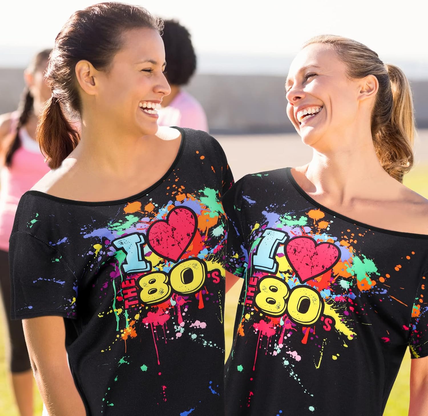 80s Outfit for Women Plus Size I Love The 80's Costumes 80s Off Shoulder T-Shirt Tops Neon Clothes Oversized (Black,Small) - Image 3