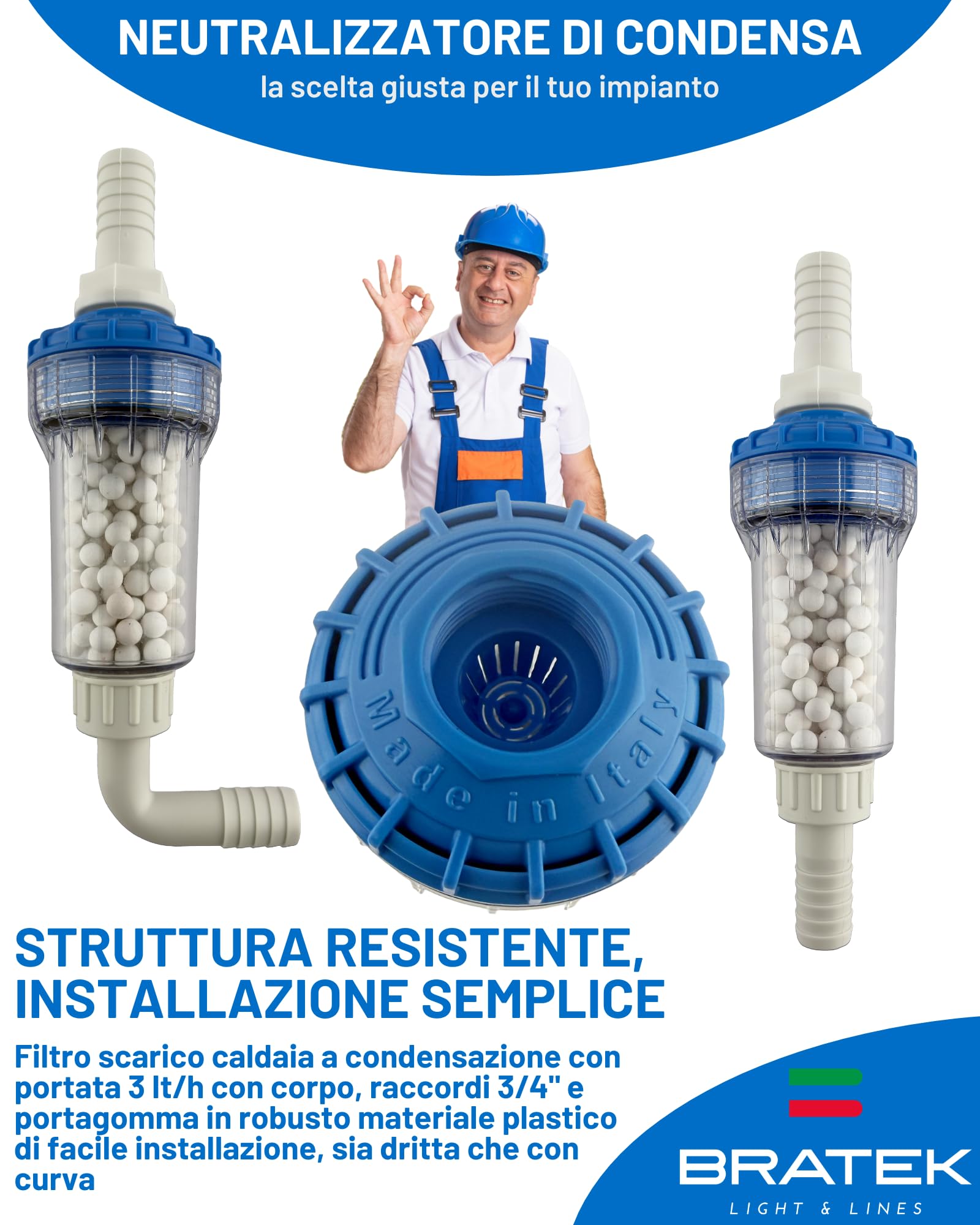 Bratek Filtro neutralizador de condensación de caldera – Filtro neutralizador de condensación ácida para caldera de condensación de hasta 35 kW – Neutraliza la acidez haciendo que el pH vuelva a los