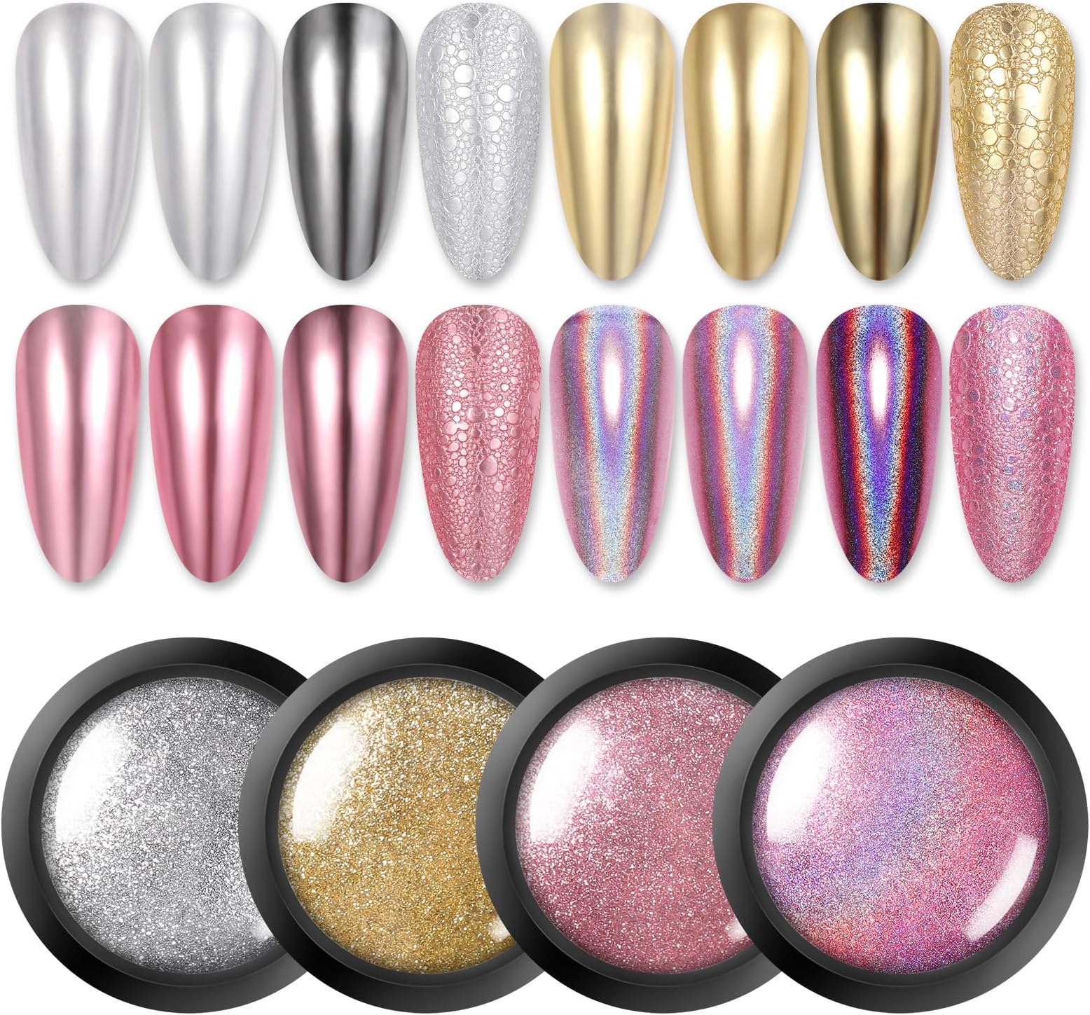 Born Pretty Chrome Nail Powder Metallic Mirror Powder Holographic Pigment Powder Manicure Nail Art Decoration Sets Silver Gold Pink Rose Gold 4 Boxes