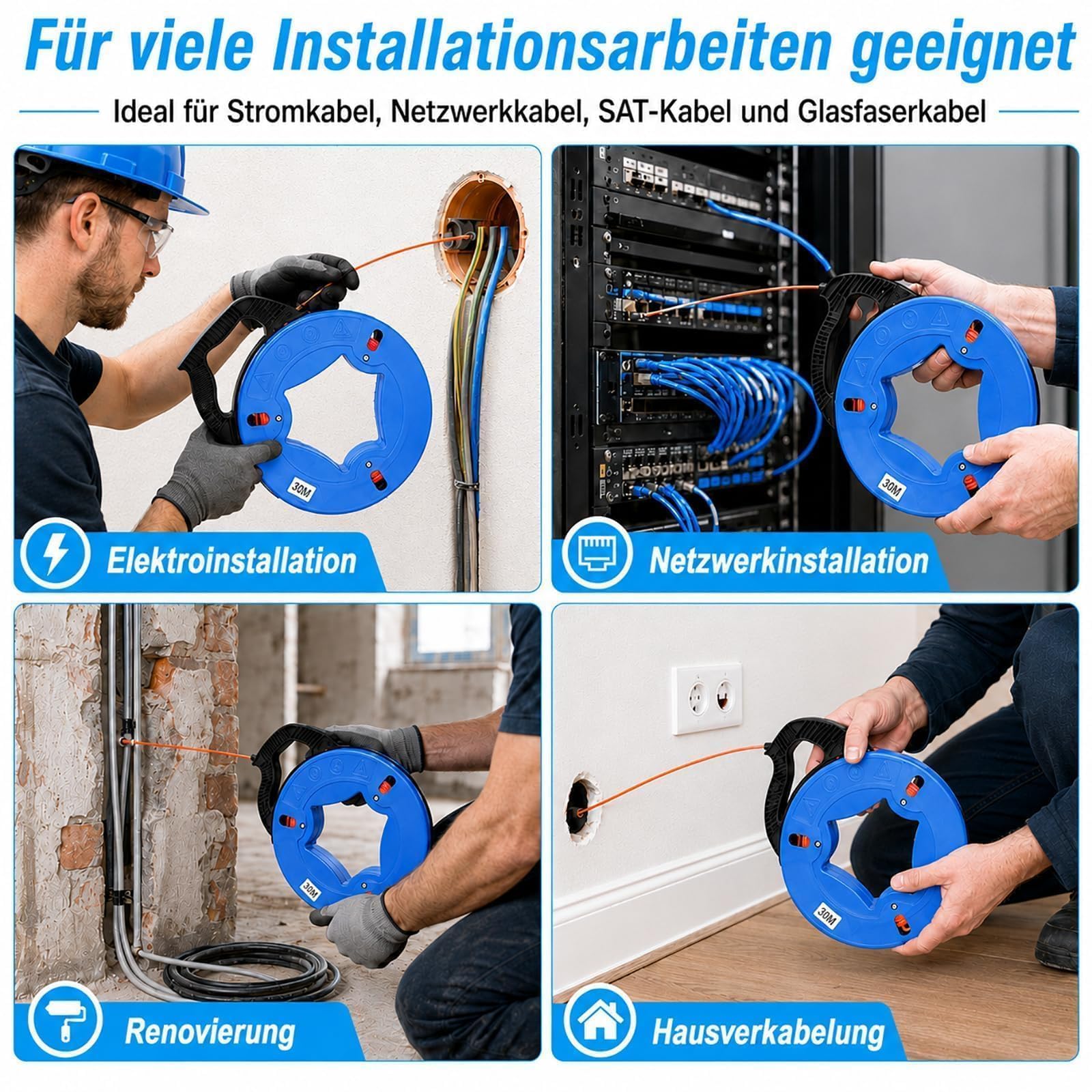 Kabeleinziehhilfe 30 m 4 mm, PET Einziehspirale mit Aufrolltrommel, Kupfer-Zugkopf und 6 Adaptern, Kabelziehband für Leerrohre, Stromkabel, Netzwerkkabel, SAT Kabel