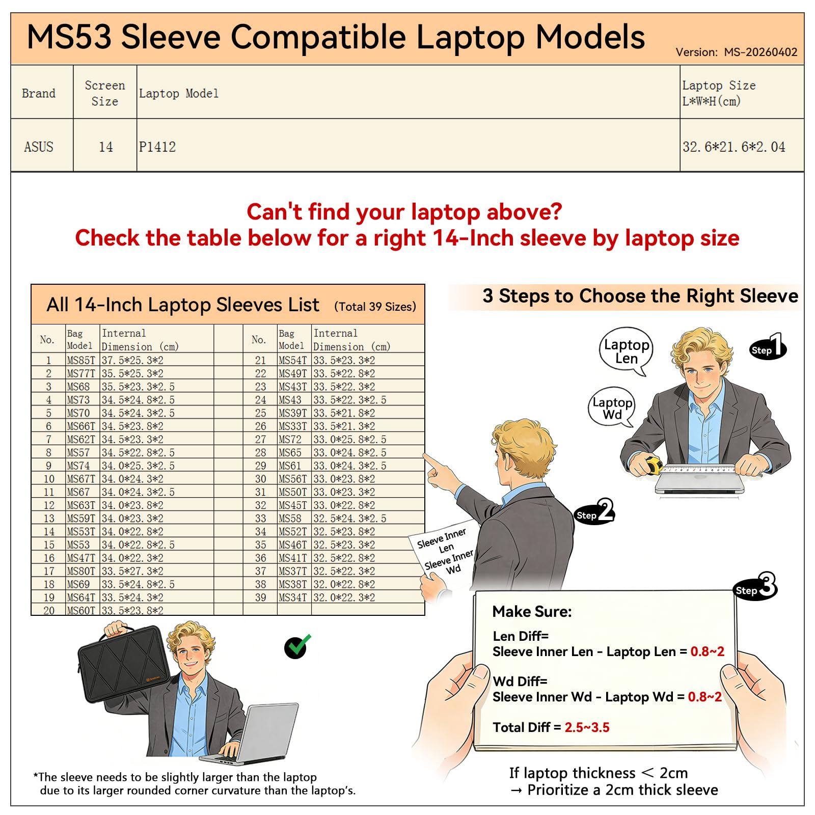 Smatree MS53 Protección rígida 14 Pulgadas Funda para portátil Compatible con ASUS P1412
