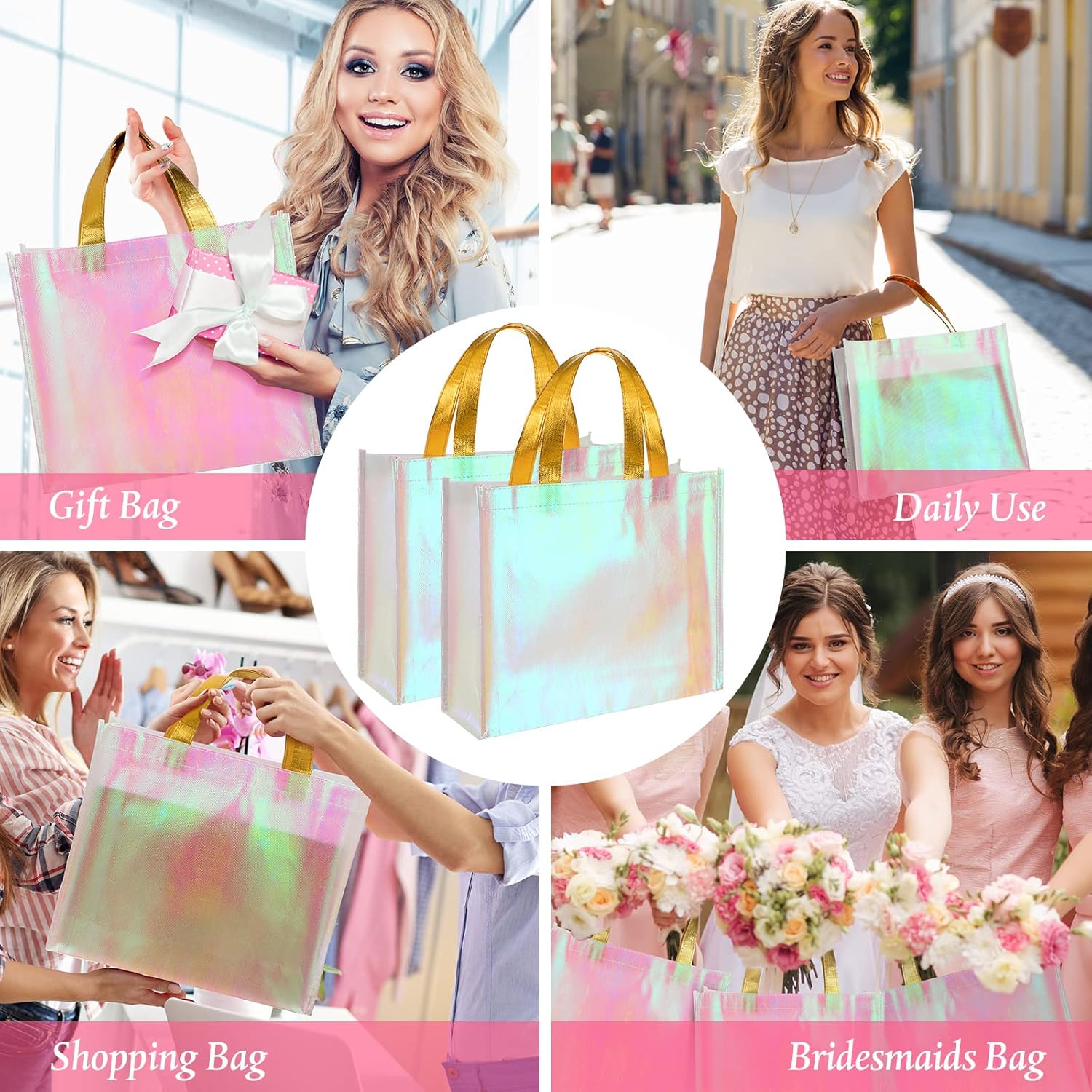 Eccliy 60 Pcs Reusable Gift Tote Bags Housekeeping Appreation Grocery Shopping Bag with Handles for Bridesmaid Wedding(Pink) - Image 2