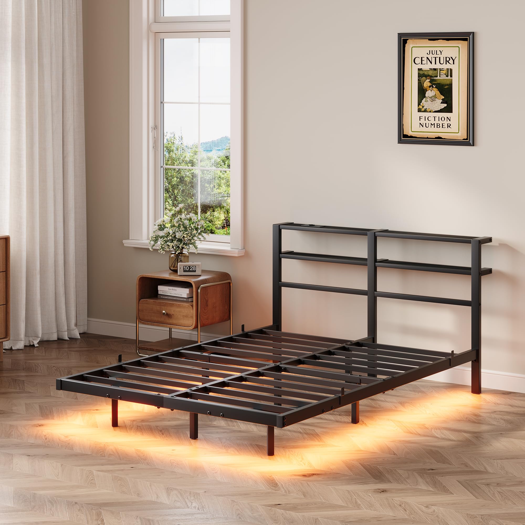 Lit flottant en métal, 140 x 200 cm, avec lumières LED, station de charge USB et tête de lit double étagère, cadre en acier robuste, silencieux, noir