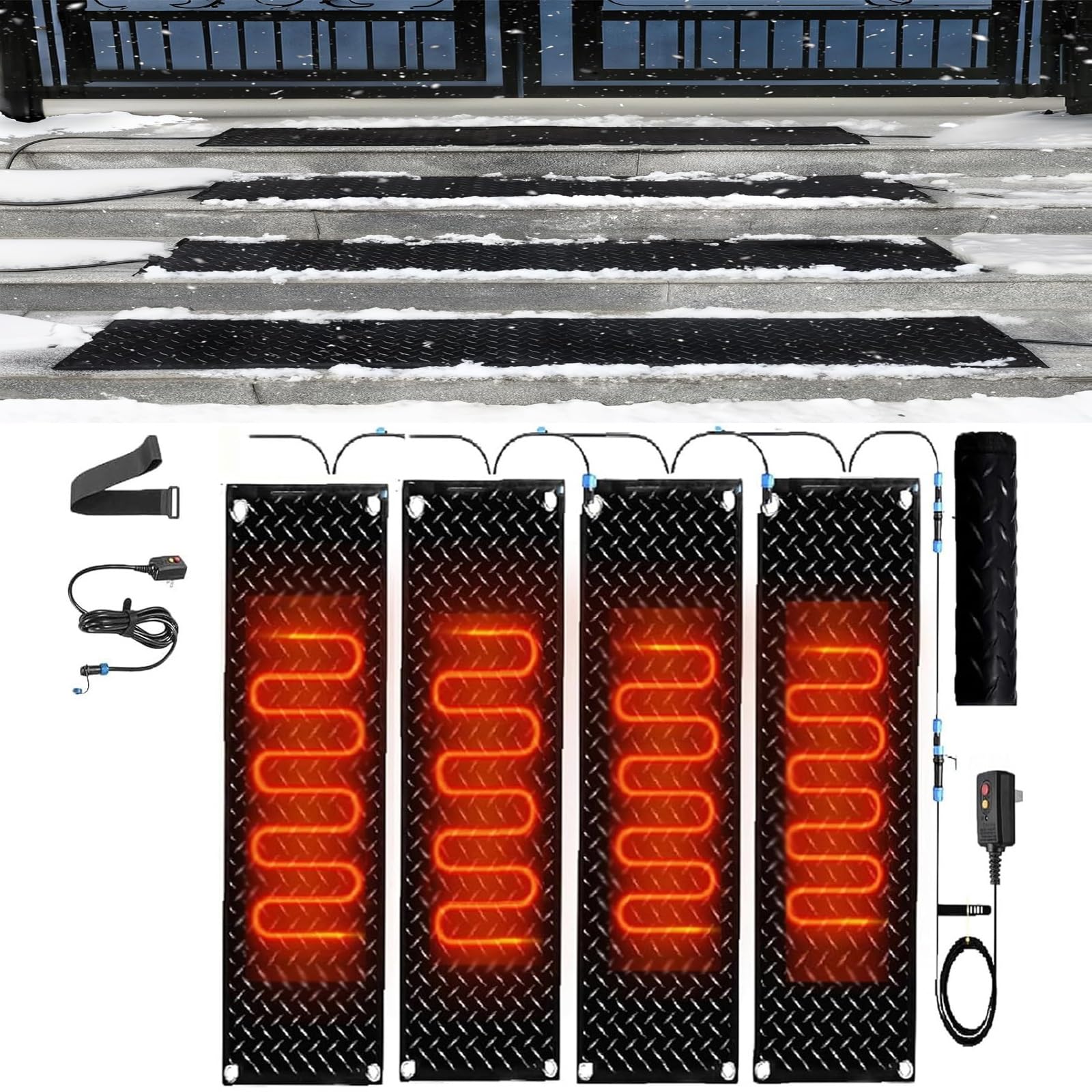 Tapis de fonte de neige – Tapis extérieur antidérapant en caoutchouc for allées, escaliers et trottoirs – avec cordon d'alimentation – 360 W(40x200cmx4Pcs)