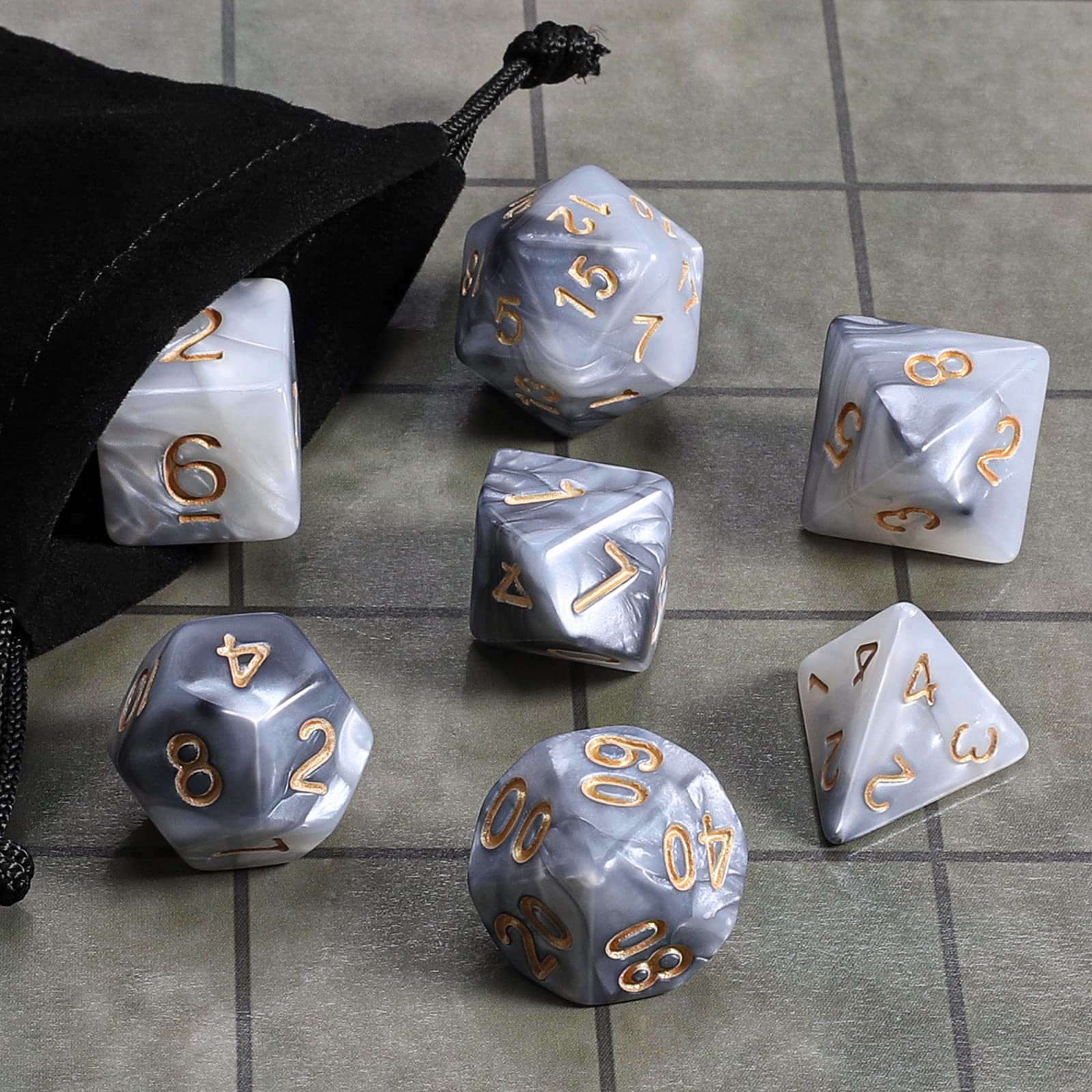QMAY DND - Juego de dados poliédricos de 7 piezas para Dungeon and Dragons MTG RPG D&D D20, D12, D10, D%, D8, D6, D4 (gris mezclado blanco)