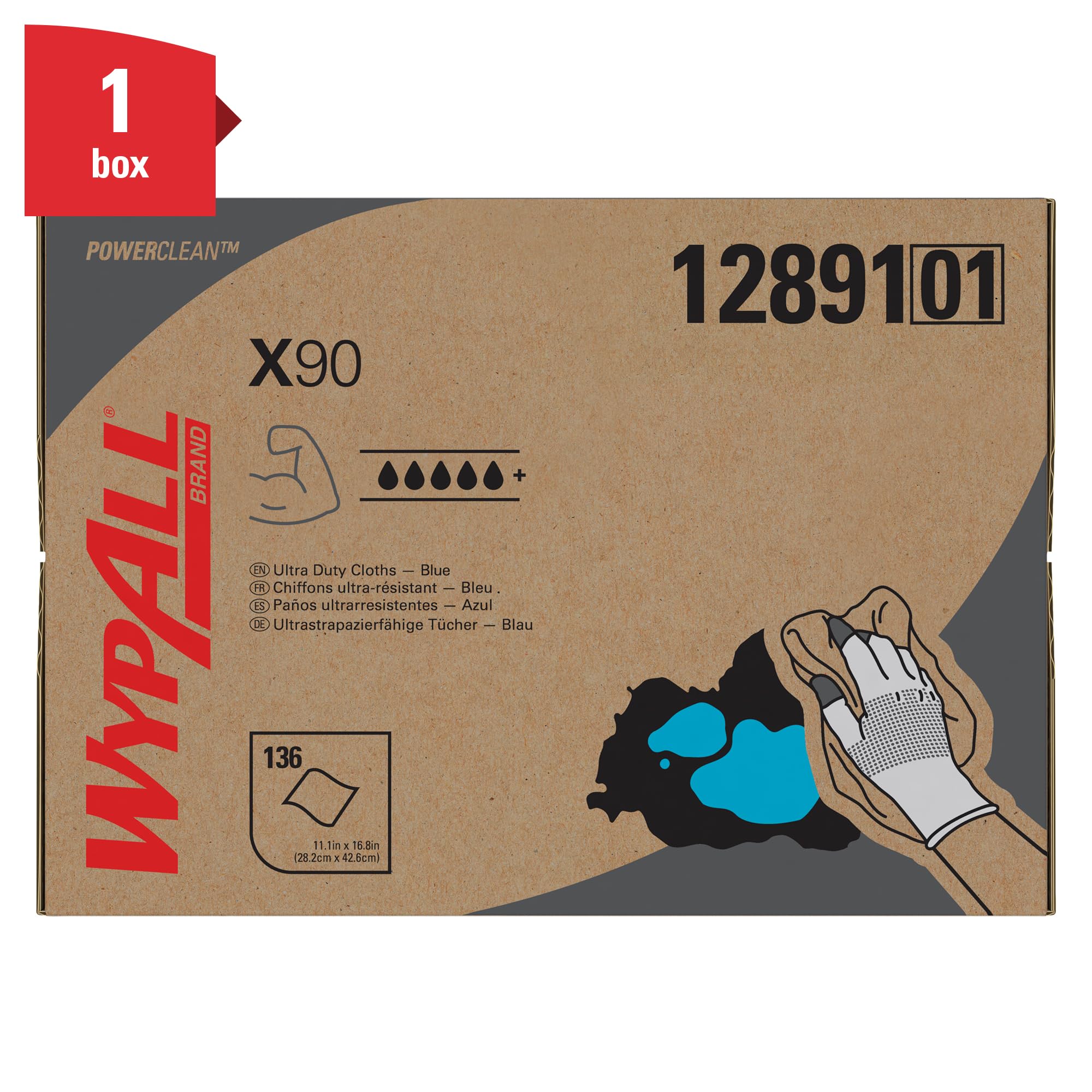 Chiffons WypAll X90 Power Clean 12891 - 1 boîte distributrice BRAG de 136 chiffons bleus, 2 épaisseurs