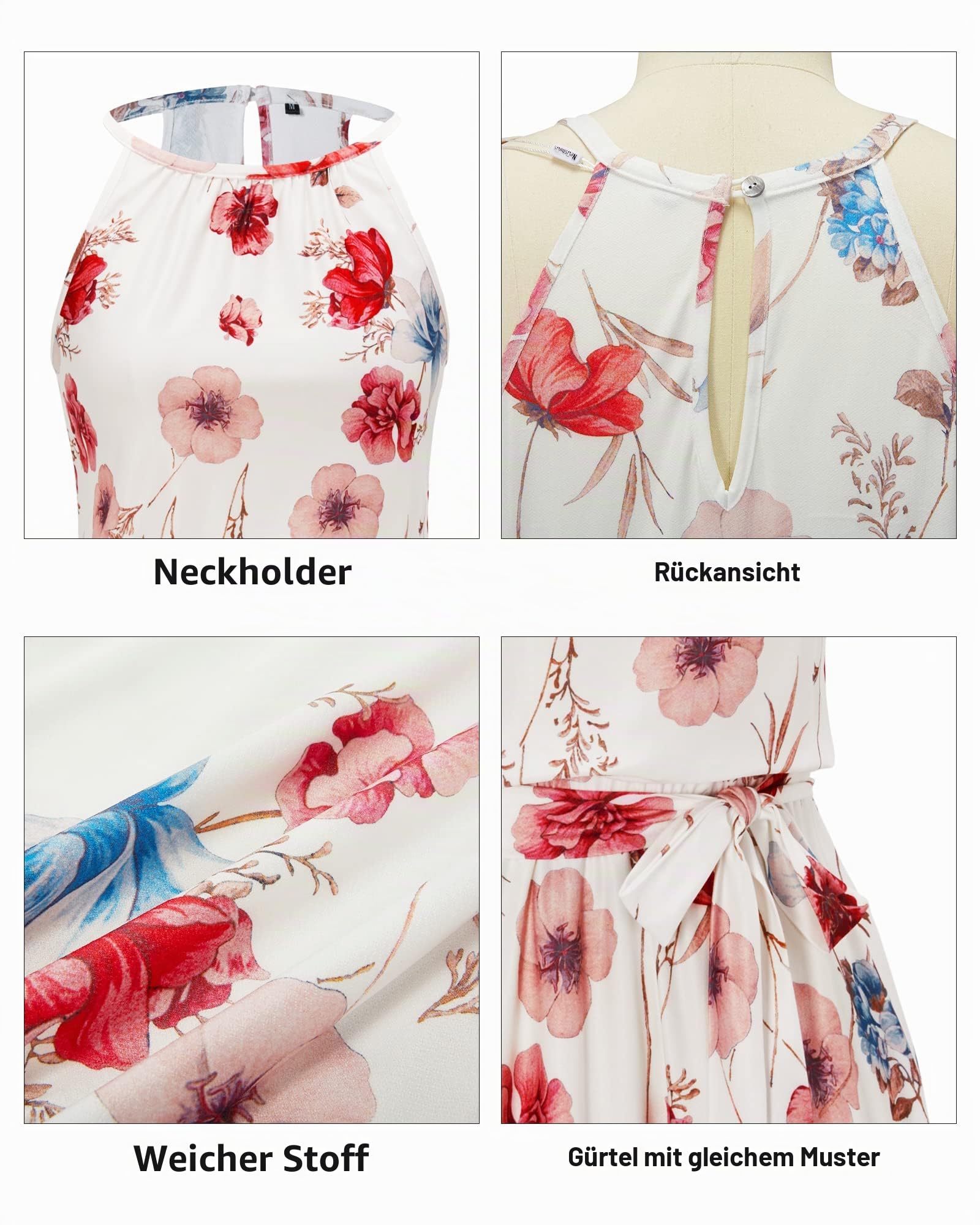 Newshows Sommerkleider Damen Knielang Elegant Kleid Blumenmuster Neckholder Rüschen Freizeitkleider mit Taschen