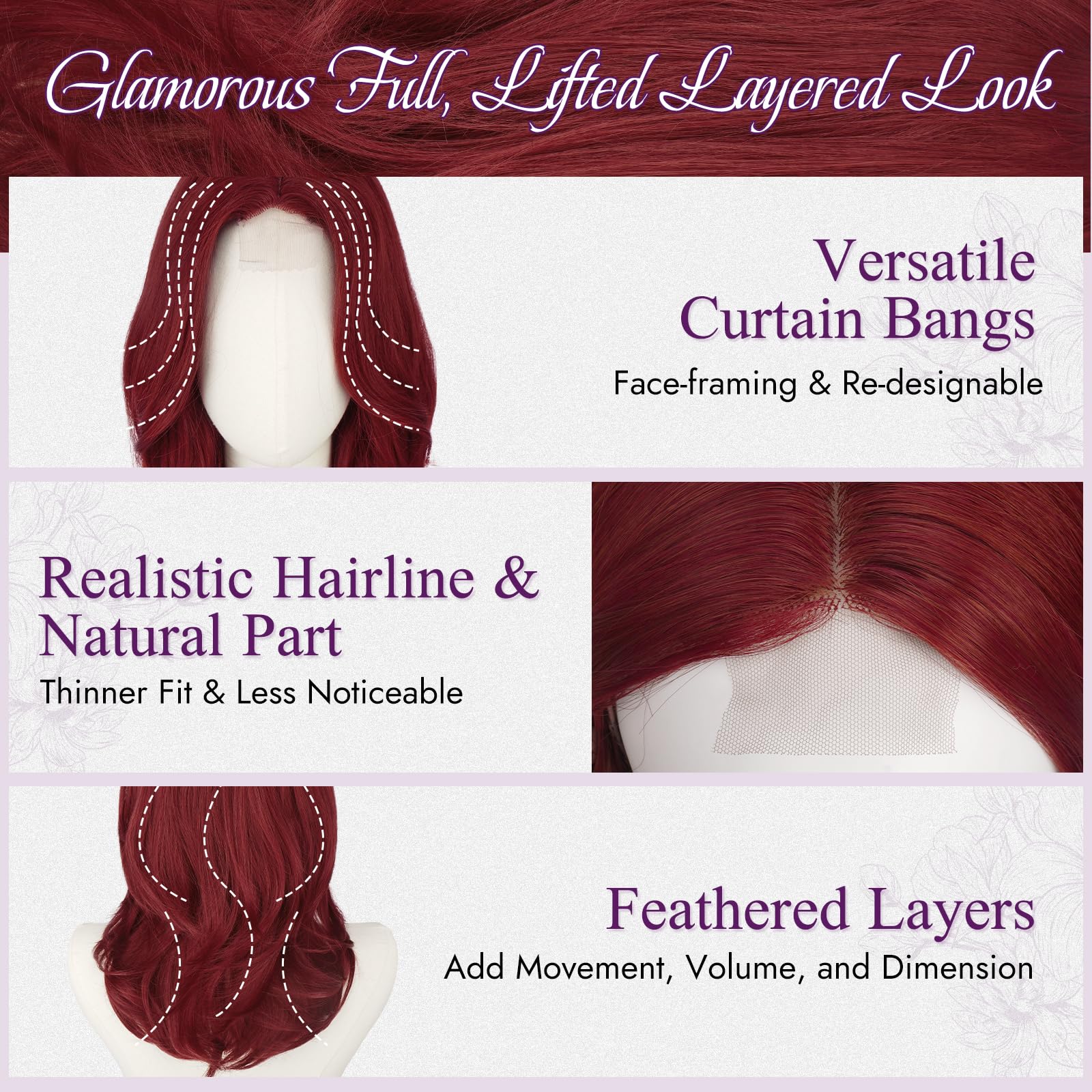 BARSDAR Kurze Layered Burgunder Rot Perücke, Schulter Lange Layered Rot Perücken für Frauen Mittel Lange Glattes Butterfly Face-framing Curtain Bangs Perücke Synthetik Perücken Natürlich Aussehend