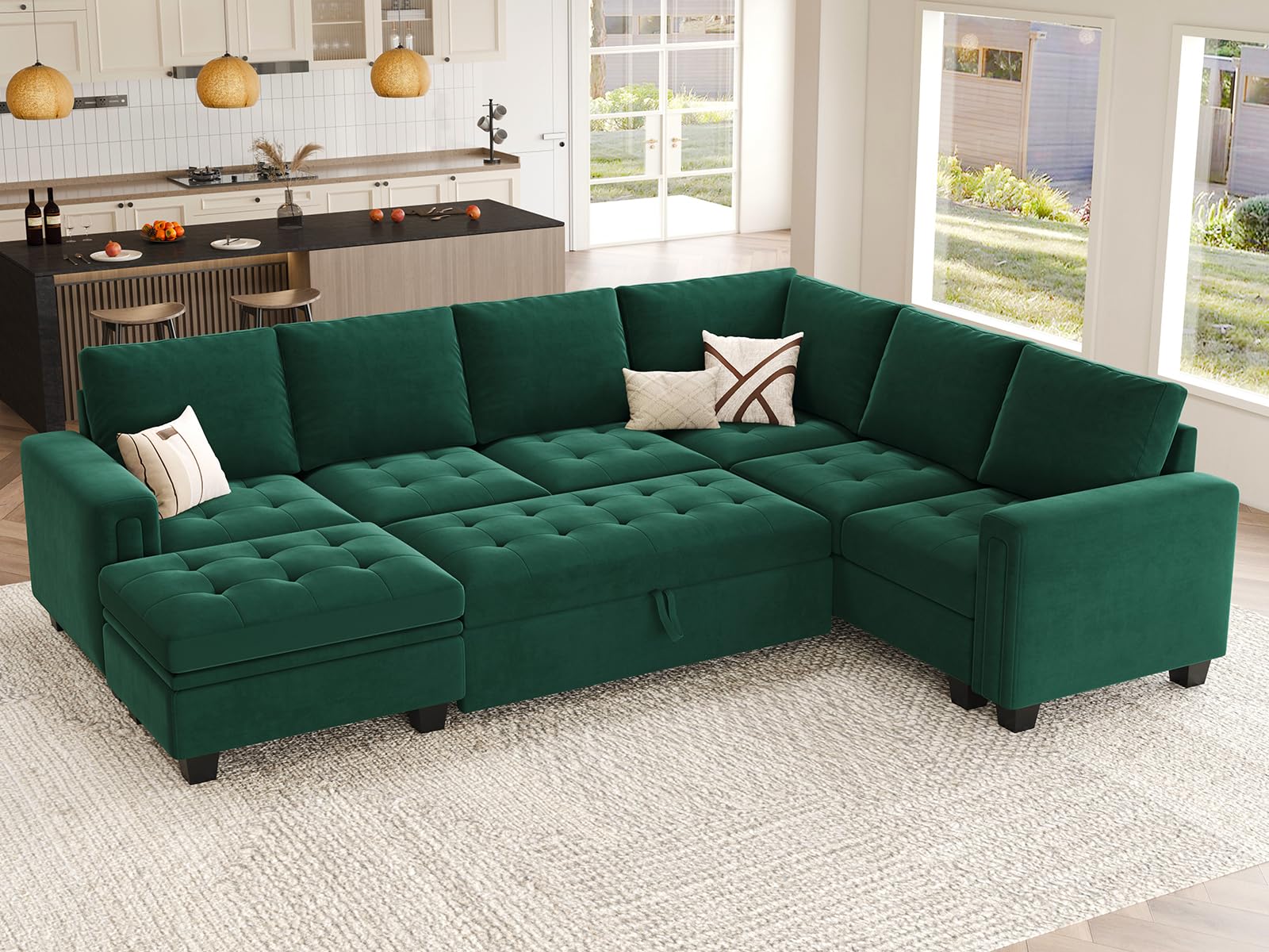 Belffin Modular Sectional Sleeper Sofa with Pull Out Bed U Shaped Sectional Sofa Couch with Storage Ottoman Velvet Covertible 7-Seater Sofa for Living