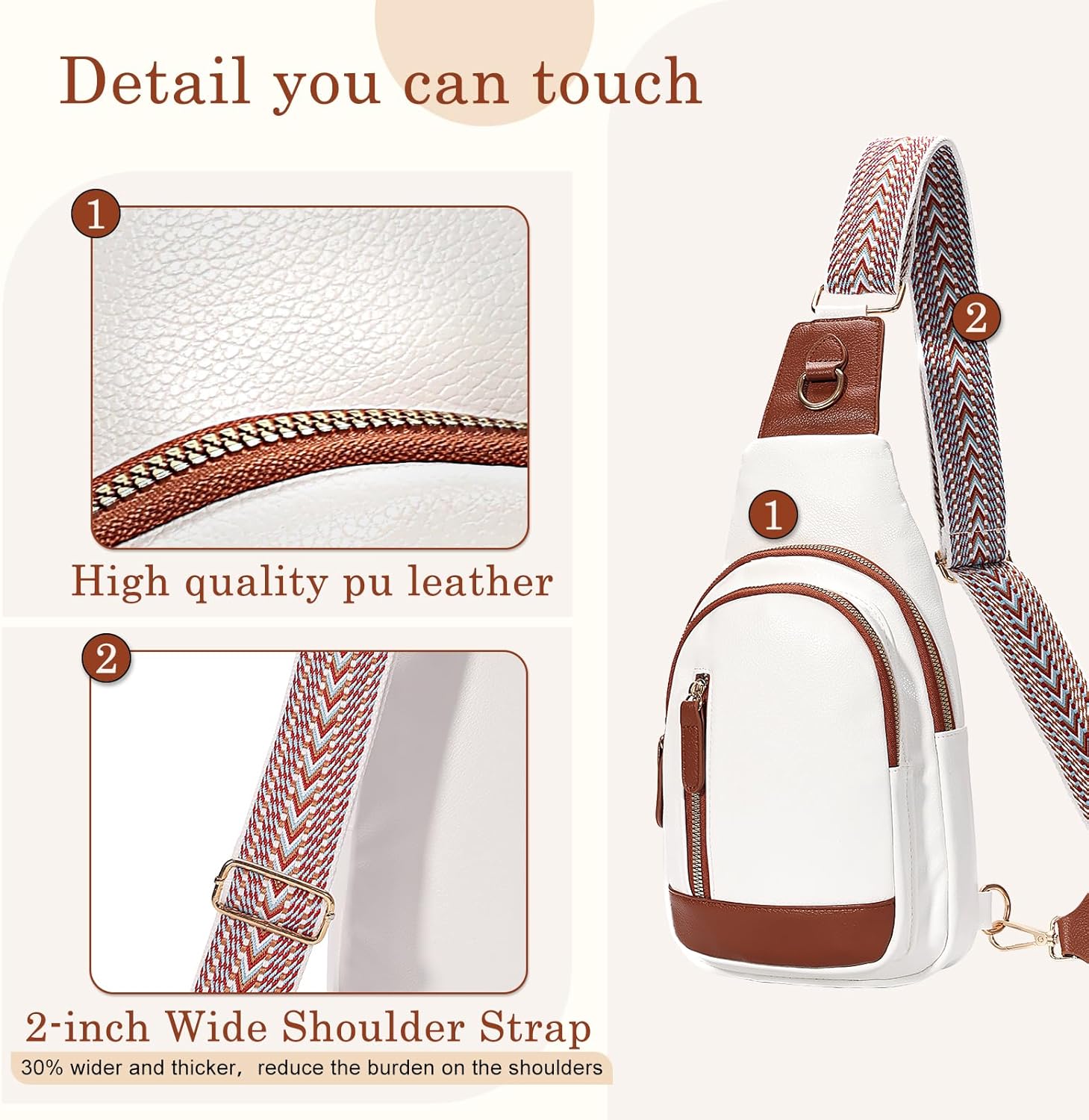 Crossbody Bags for Women Small Sling Bag for Women Quilted Vegan PU Leather Fanny Pack with Adjustable Guitar Strap Travel Purse White - Image 3