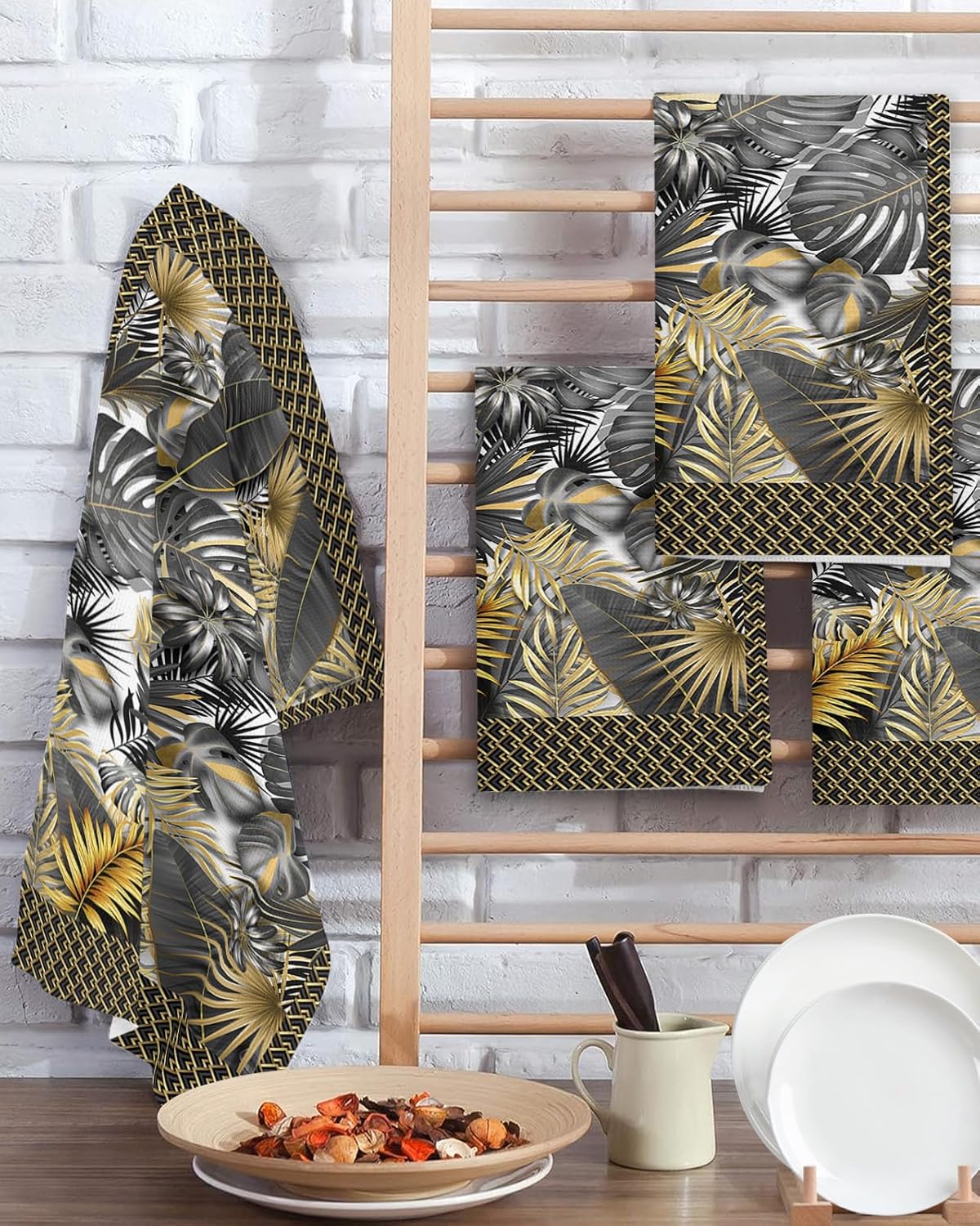Palm Tree Waffle Kitchen Hand Towels Set of 4,Super Absorbent & Quick Dry Hair Dish Bath Tea Golf Microfiber Towel,Soft Towel Cleaning Washcloth,Luxurious Gold Black Summer Tropical Leaves 15.7"x23.6"