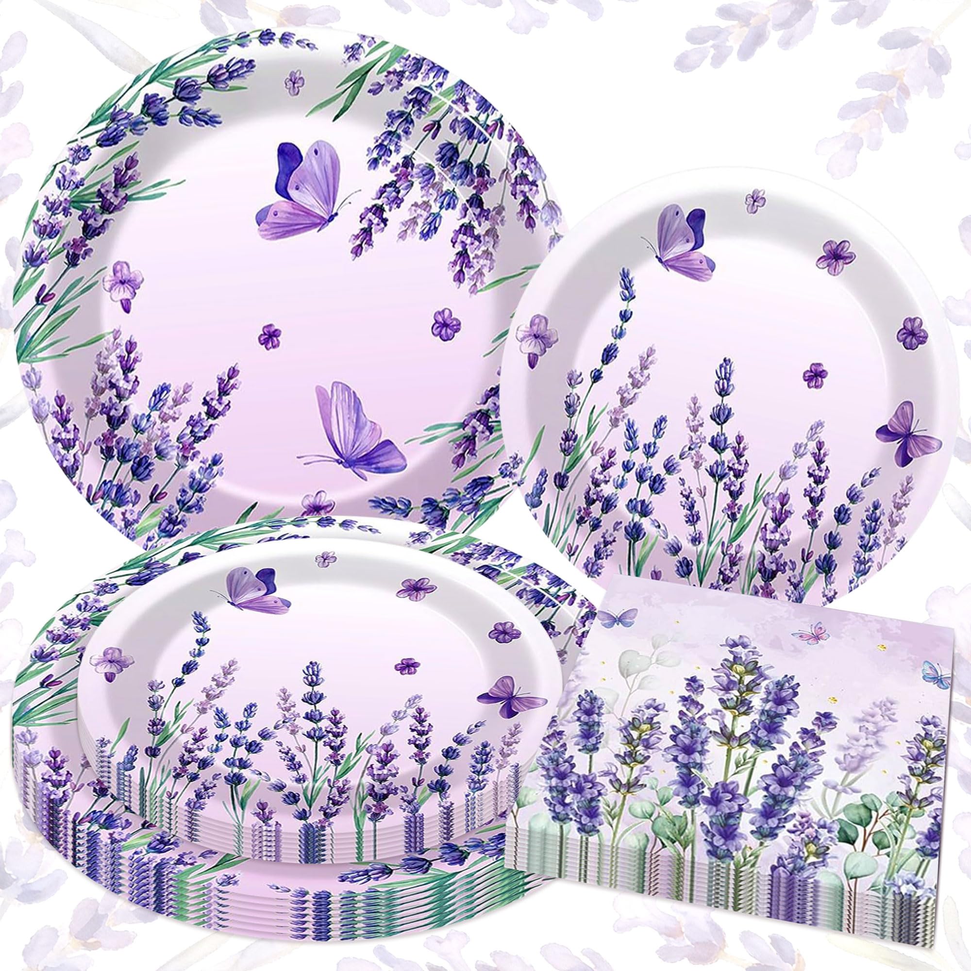 BACH AND BOOZY 60PCS Purple Lavender Paper Plates Napkins Wildflower Tea Party Decoration Floral Shower Birthday Wedding Bridal Shower Party Favors for 20 Guest