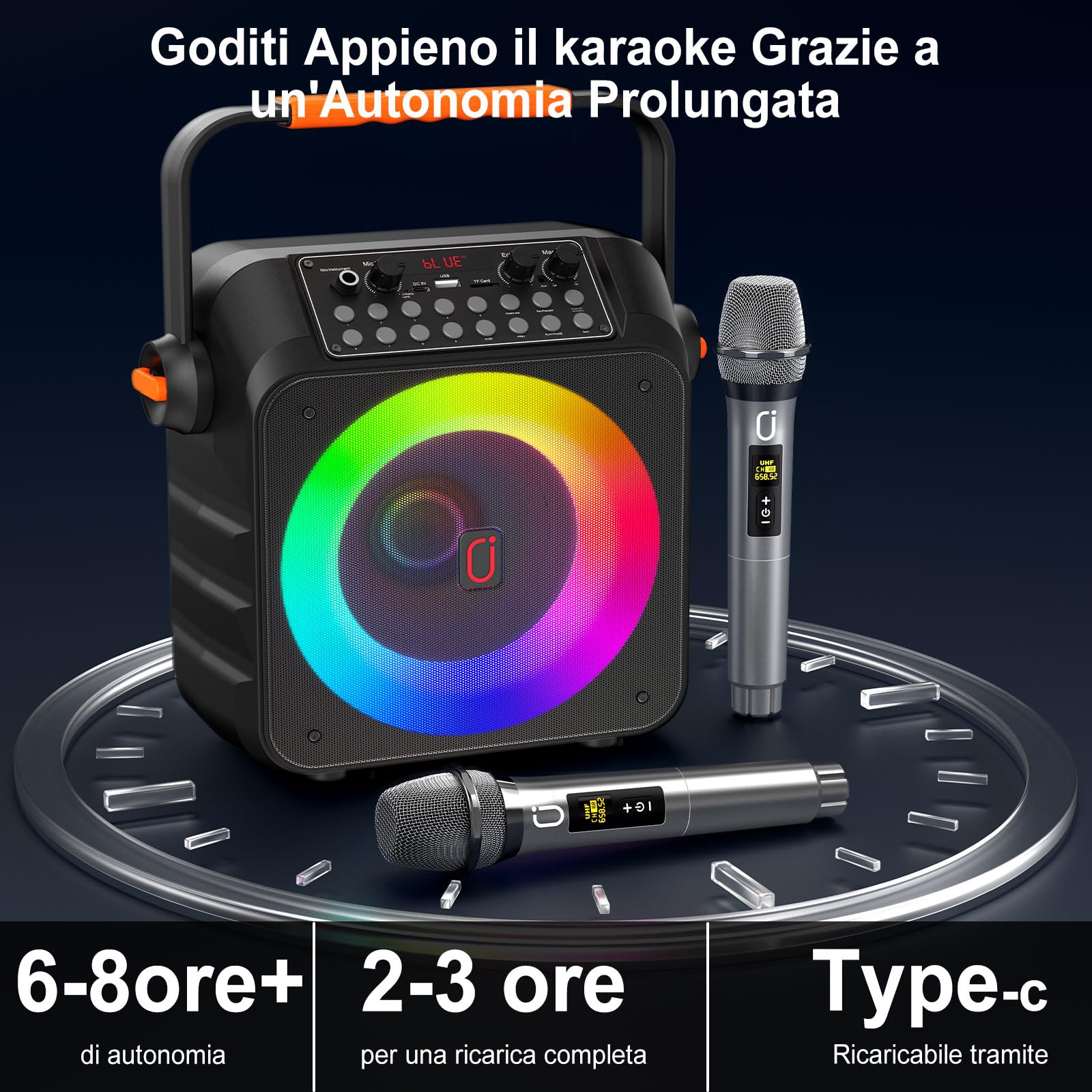 HWWR Karaoke con 2 Microfono,120W Cassa Bluetooth 5.3 Portatile con luci LED, Sistema PA Correzione Tono e Controllo eco, Canta tu Karaoke 2026 per Adulti Bambini