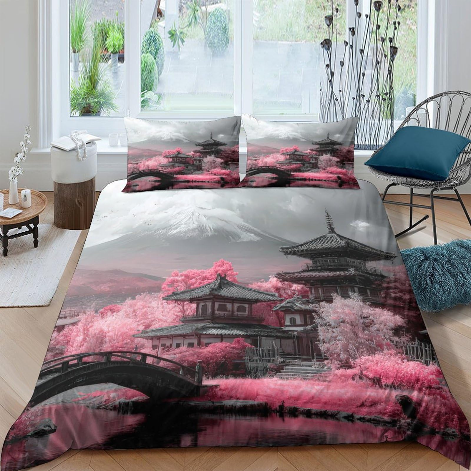 TUFRTGYHN 3D Printed Japanese Pagoda Landscape Duvet Cover Set Microfiber Soft Pink Sakura Mt. Fuji Bedding with 2 Pillowcases for Bedroom Decor Single（135x200cm）