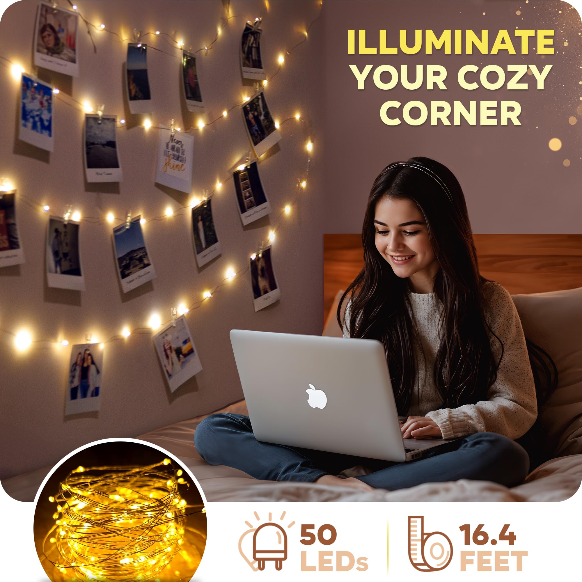 Photo Clips String Light - Copper String Lights (16.4ft) with 50 Transparent Clips & 50 Warm White LED - Fairy Lights with.