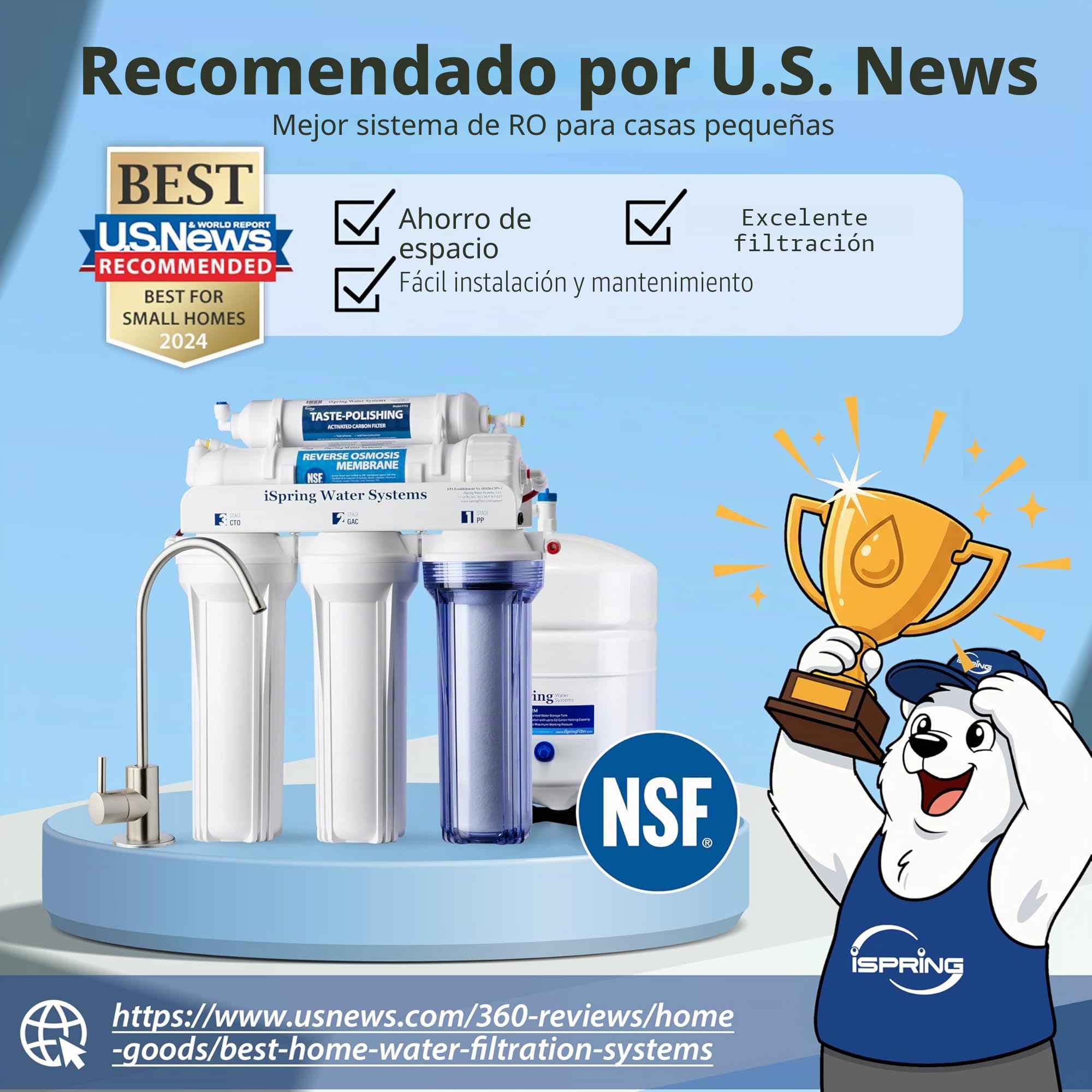 iSpring RCC7, Certificado NSF, 75 GPD de Alta Capacidad, Sistema de Filtración para Beber de Ósmosis Inversa de 5 Etapas Bajo el Fregadero, Grifo de Níquel Pulido