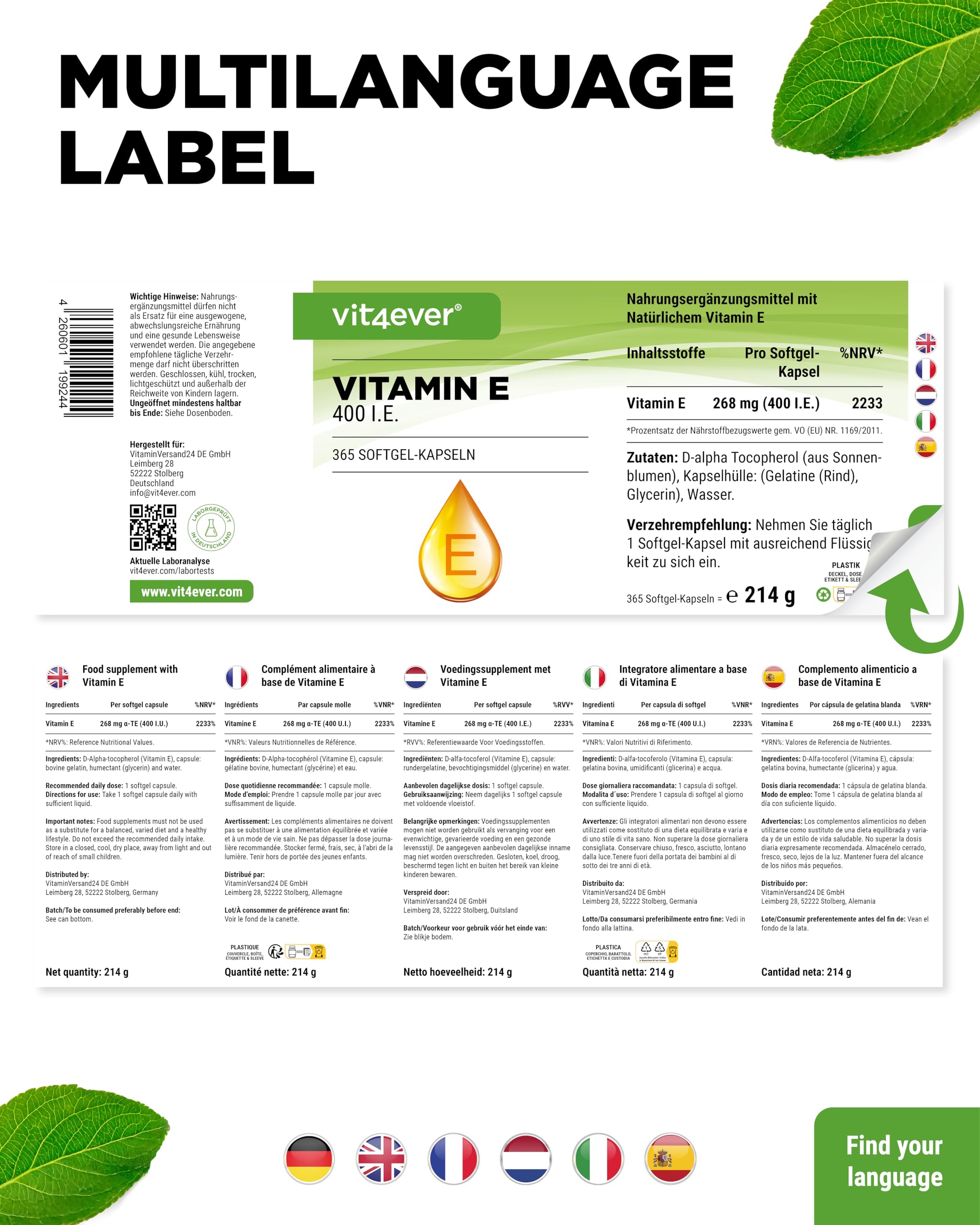vit4ever Vitamin E 400 I.E. natürlich - 365 Softgel Kapseln - Premium: Natürliches Vitamin E aus Sonnenblumen - 12 Monatsvorrat - Hochdosiert